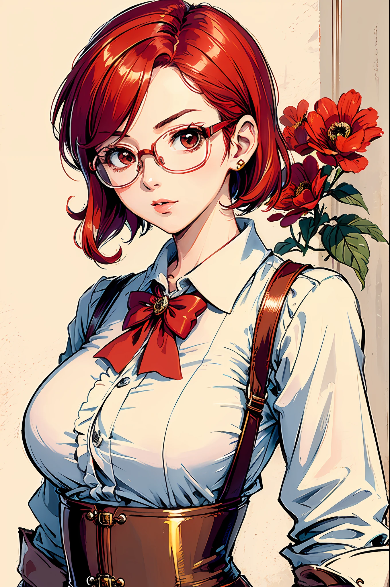 (masterpiece:1.2, best quality), (dinamic lighting) 1lady, solo, short hair, big breasts, (shiny skin:1.2), upper body, monocle, glasses, modern, wavy red hair,Suspenders, flower on ear, harajuku style, hair pin
