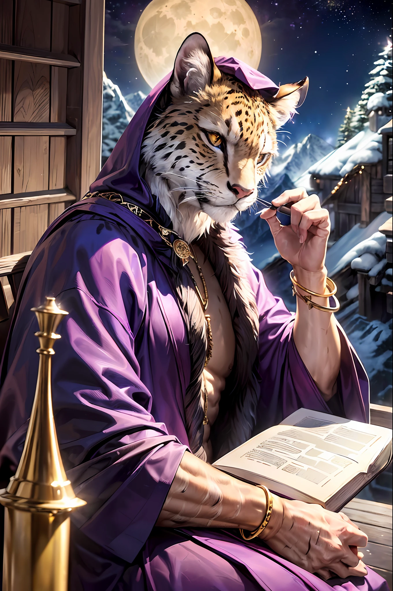8K, 4D, highest quality, ((realistic)), (detail)), outdoor, mountain hut-style balcony, (illuminated by pale light), alone, in the dark, no light, otherworld, one beastman male, only beastman male, wise man, wearing a deep purple robe, cheetah beastman, cheetah face, spacious wooden chair, character appearance (in the dark, not receiving light, Sitting on a wooden chair, looking up to the heavens, squinting, leaning against the backrest, dozing off, (detailed beastman's hand), thick book in one hand, book in one hand, cheek cane in one hand, looking at the moon in the distance, (profile looking up at the moon), body facing the viewer (detailed face orientation), face sideways ((wearing a deep purple robe)), (gold bangle), male beastman, wise man, cheetah beastman, hair on the hands, human hands), background elements (outdoors, balcony, mountain hut, stars in the night sky, full moon, no light), up, oil painting