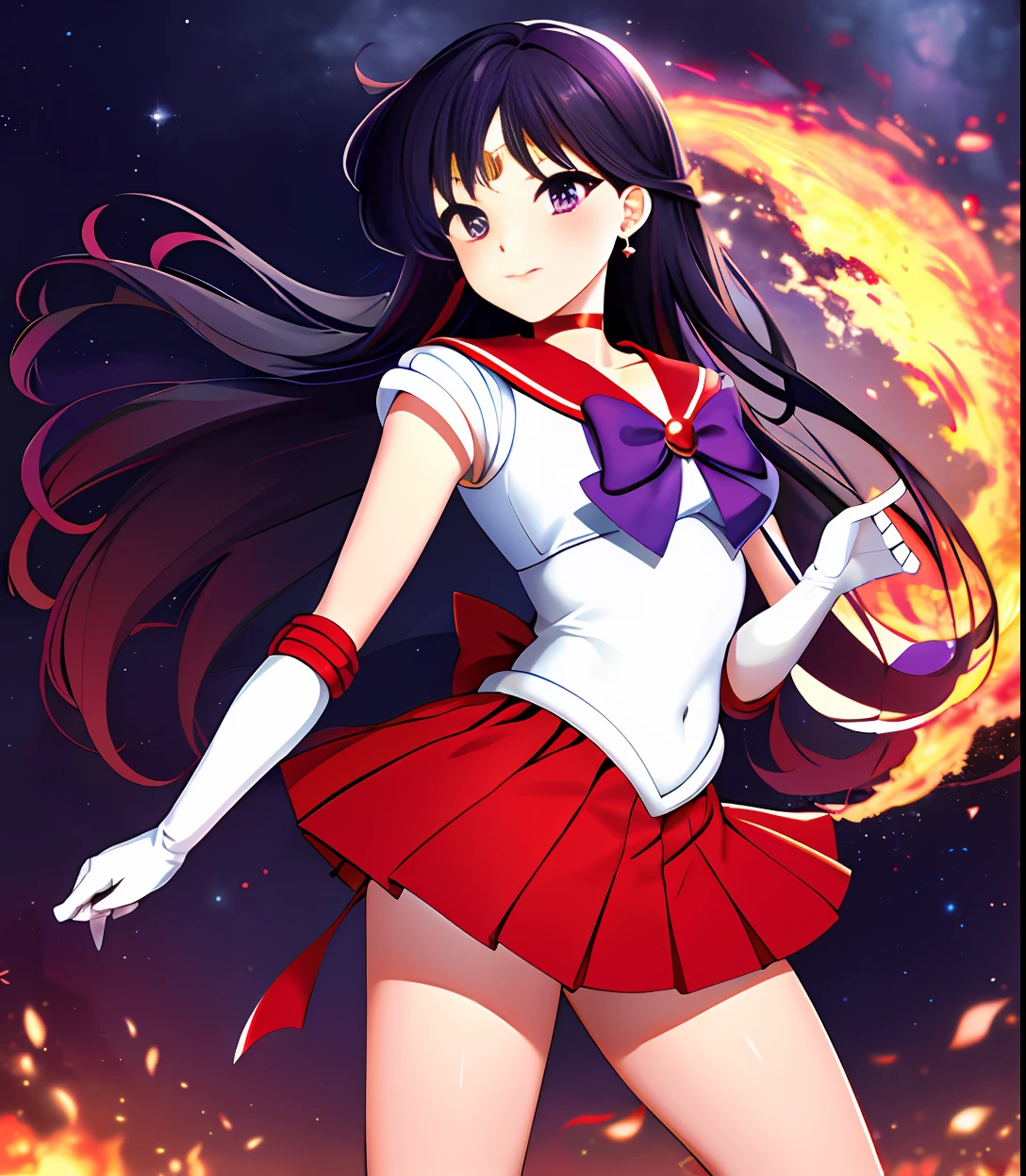masterpiece, best quality, highres, sama1, tiara, sailor senshi uniform, white gloves, red sailor collar, red skirt, star choker, elbow gloves, pleated skirt, bare legs, purple bow, magic, fire, moon, city standing, cowboy shot, fire_particles