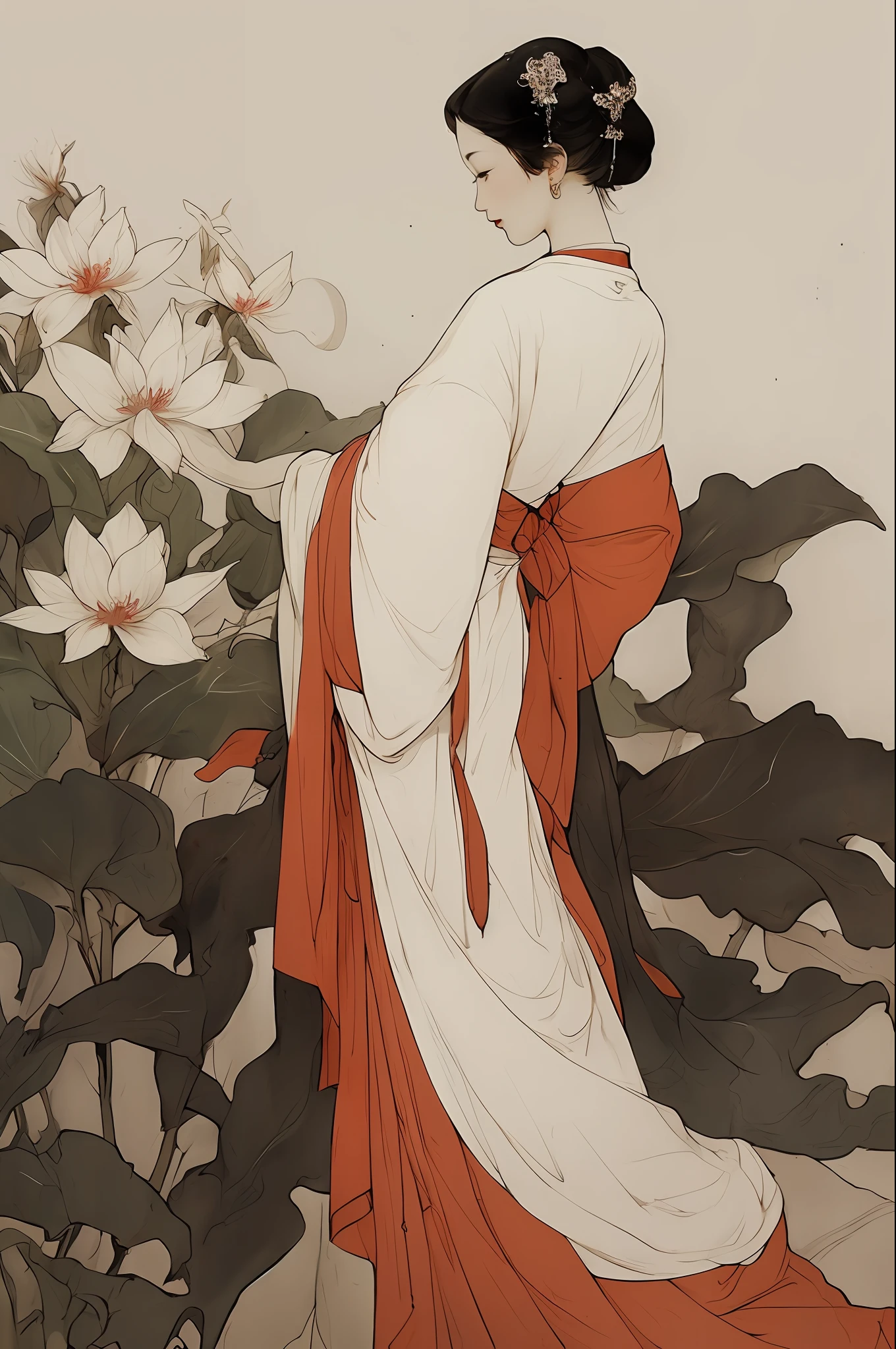 a girl ,full body ,white | bule dress ,standing, flower,竹子,竹林