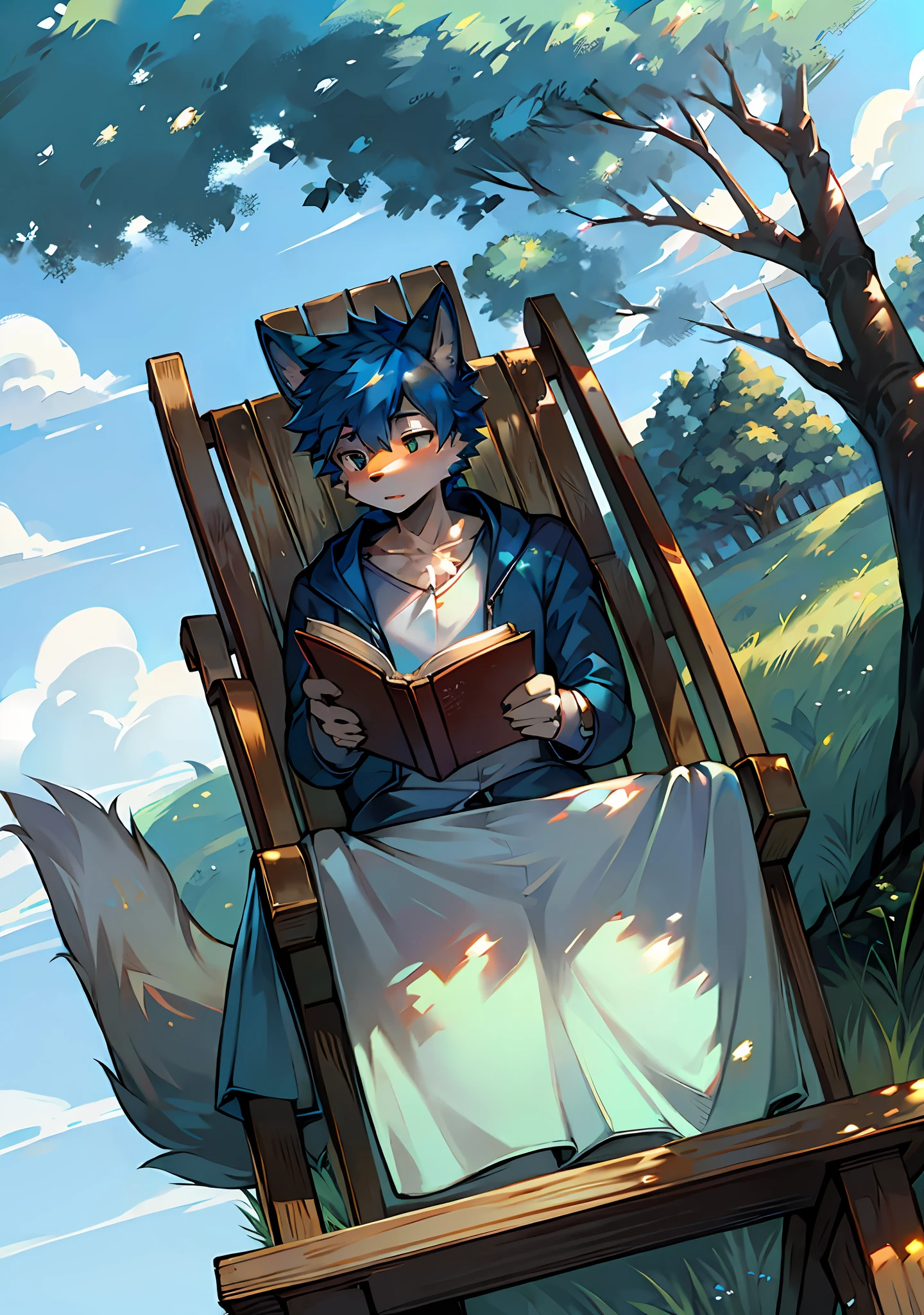 furry, meadow, human male fox, blue fur, blue sky and white clouds, shadow, tree, furry, furry male, reading a book