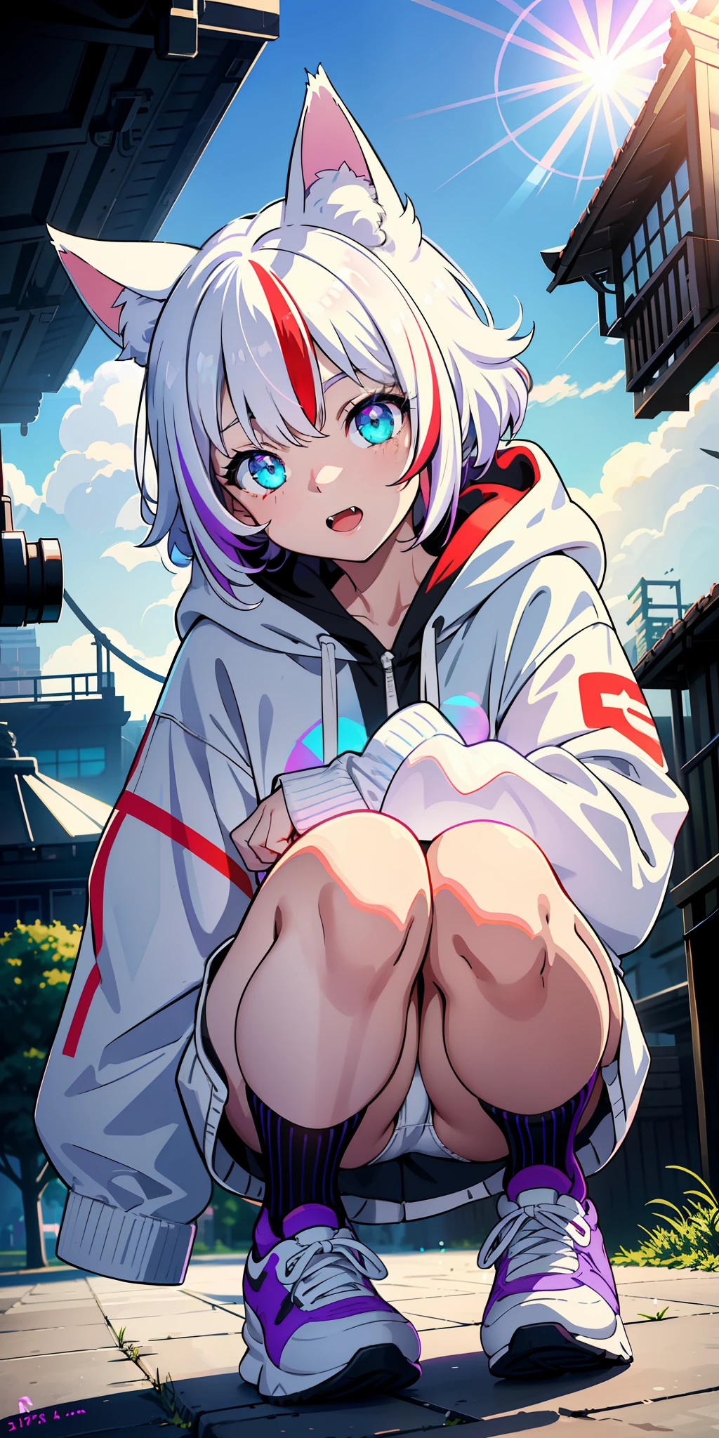 Cozy cute short girl squatting outdoors in white hoodie, cat ears, (floating lens flare bubbles), fangs, (detailed eyes, two-tone eyes, purple turquoise gradient eyes), short white hair, fluffy hair, sneakers, white lingerie, black miniskirt, park scenery in broad daylight, dynamic angle