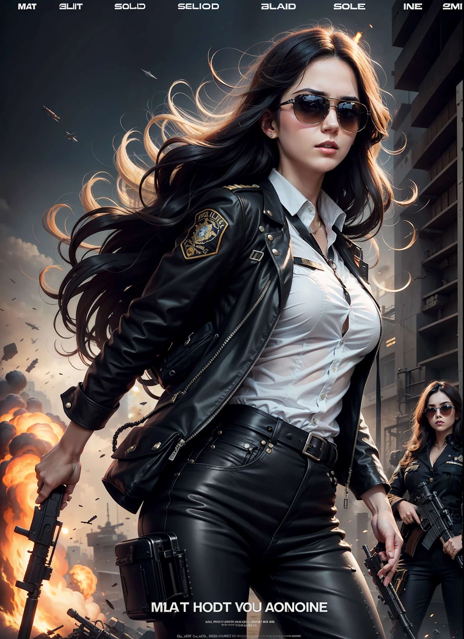 Police movie poster, beautiful woman, medium dark long hair,sunglasses, with big gun in hands, black clothes, rivets, explosions, airplanes, just one body