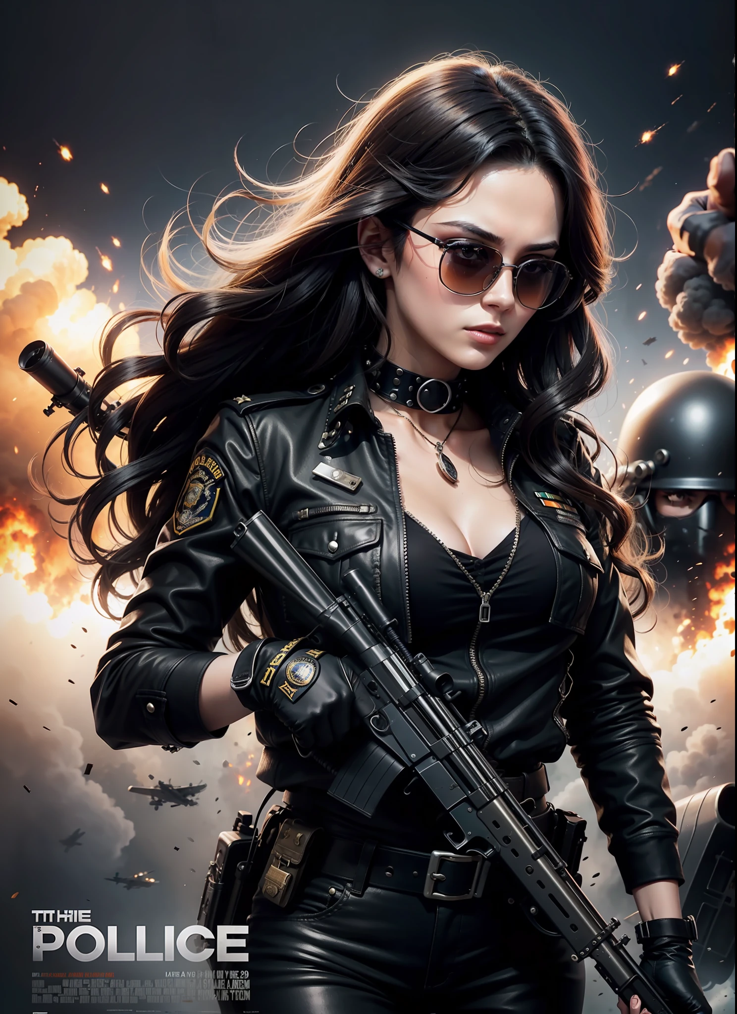 Police movie poster, beautiful woman, medium dark long hair,sunglasses, with big gun in hands, black clothes, rivets, explosions, airplanes, just one body