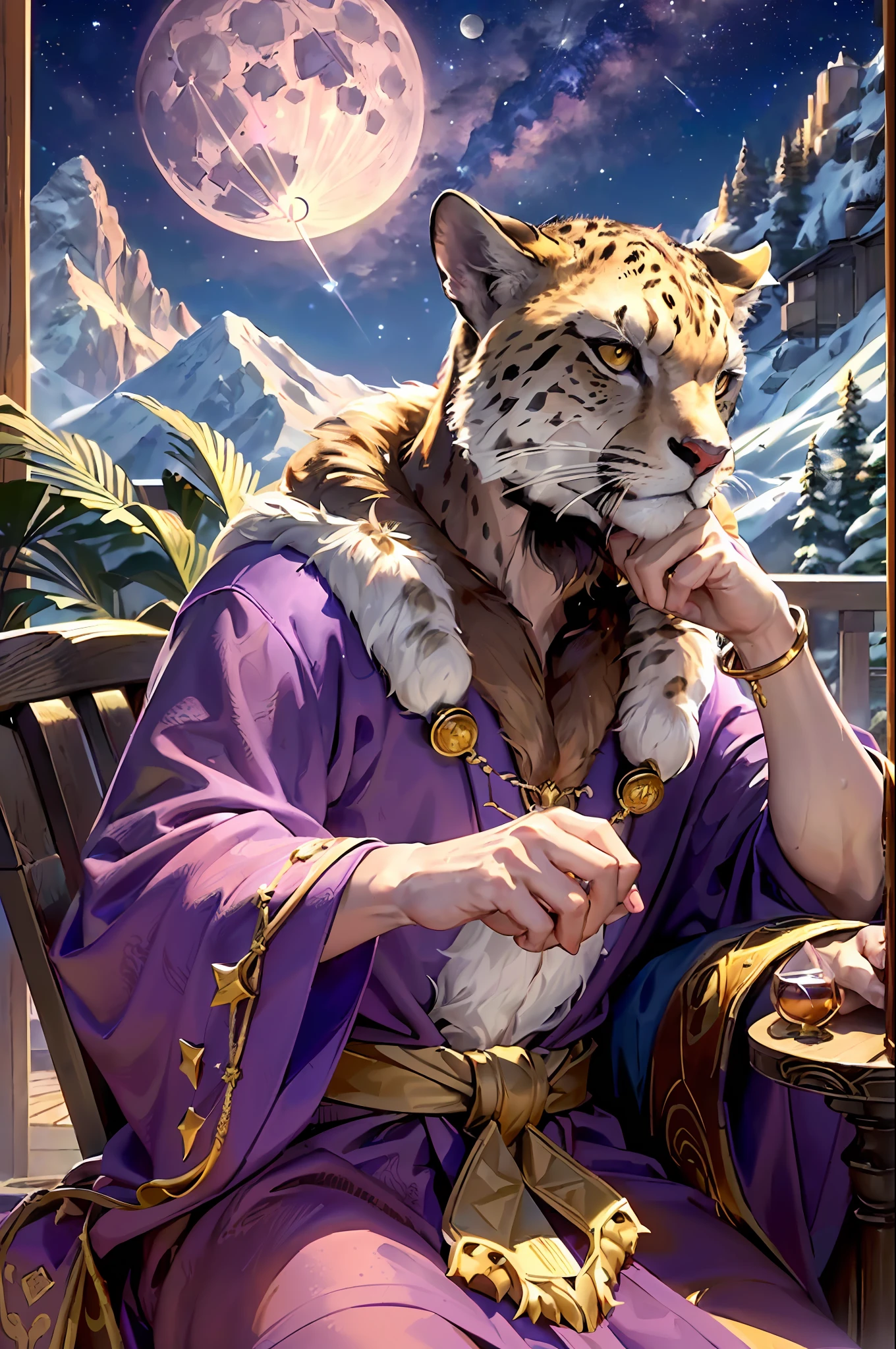 8K, 4D, highest quality, ((realistic)), (detail)), outdoor, mountain hut-style balcony, (illuminated by pale light), alone, in the dark, no light, otherworld, one beastman male, only beastman male, wise man, wearing a deep purple robe, cheetah beastman, cheetah face, spacious wooden chair, character appearance (in the dark, not receiving light, Sitting on a wooden chair, looking up to the heavens, squinting, leaning against the backrest, dozing off, (detailed beastman's hand), thick book in one hand, book in one hand, cheek cane in one hand, looking at the moon in the distance, (profile looking up at the moon), body facing the viewer (detailed face orientation), face sideways ((wearing a deep purple robe)), (gold bangle), male beastman, wise man, cheetah beastman, hair on the hands, human hands), background elements (outdoors, balcony, mountain hut, stars in the night sky, full moon, no light), up, oil painting