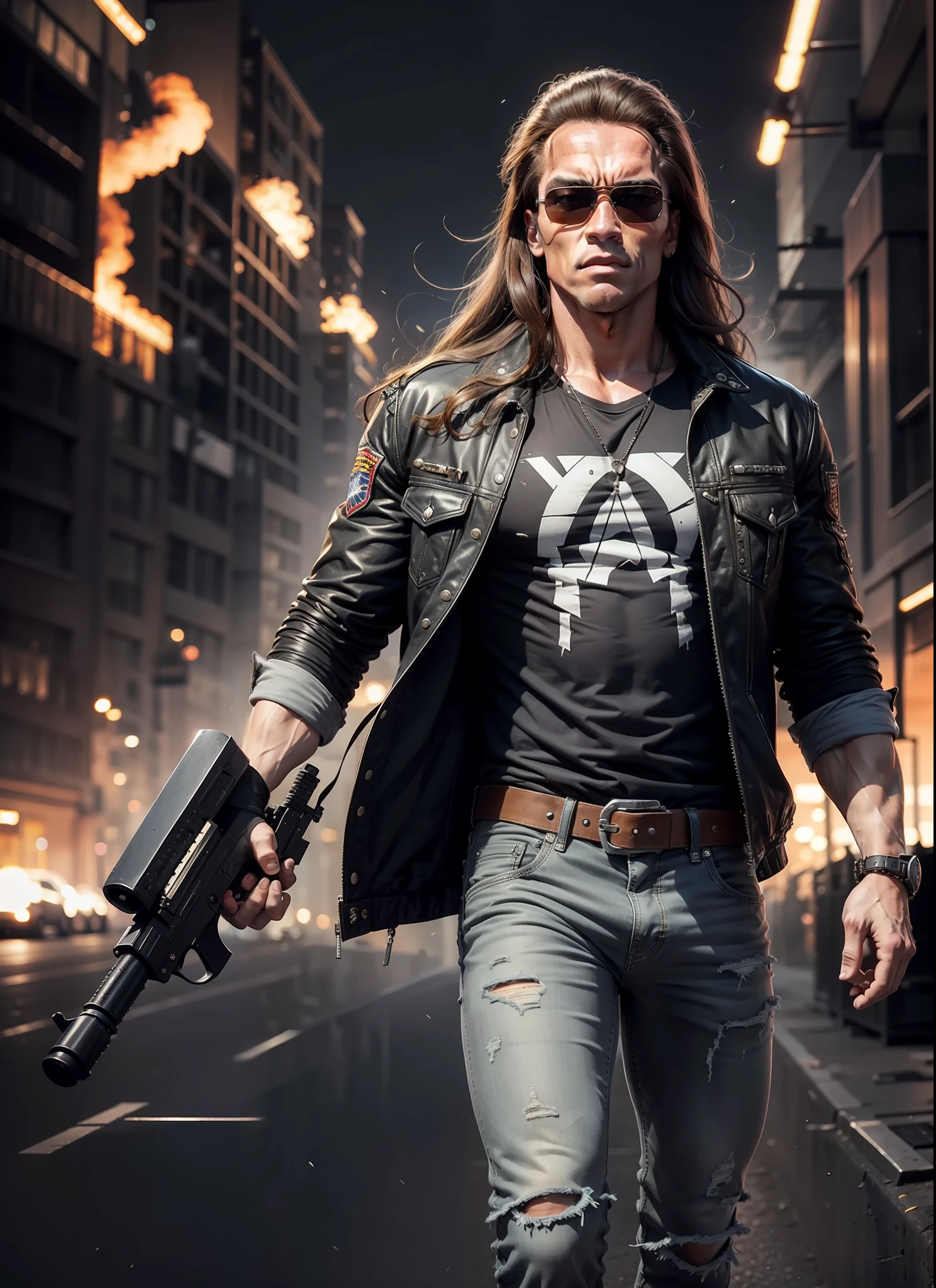 young Arnold Schwarzenegger, long hair, sunglasses, jeans, long jacket, gray t-shirt,1 belt, holster, rivets, just one body, big gun in the hands, in space, explosions behind, night, front view