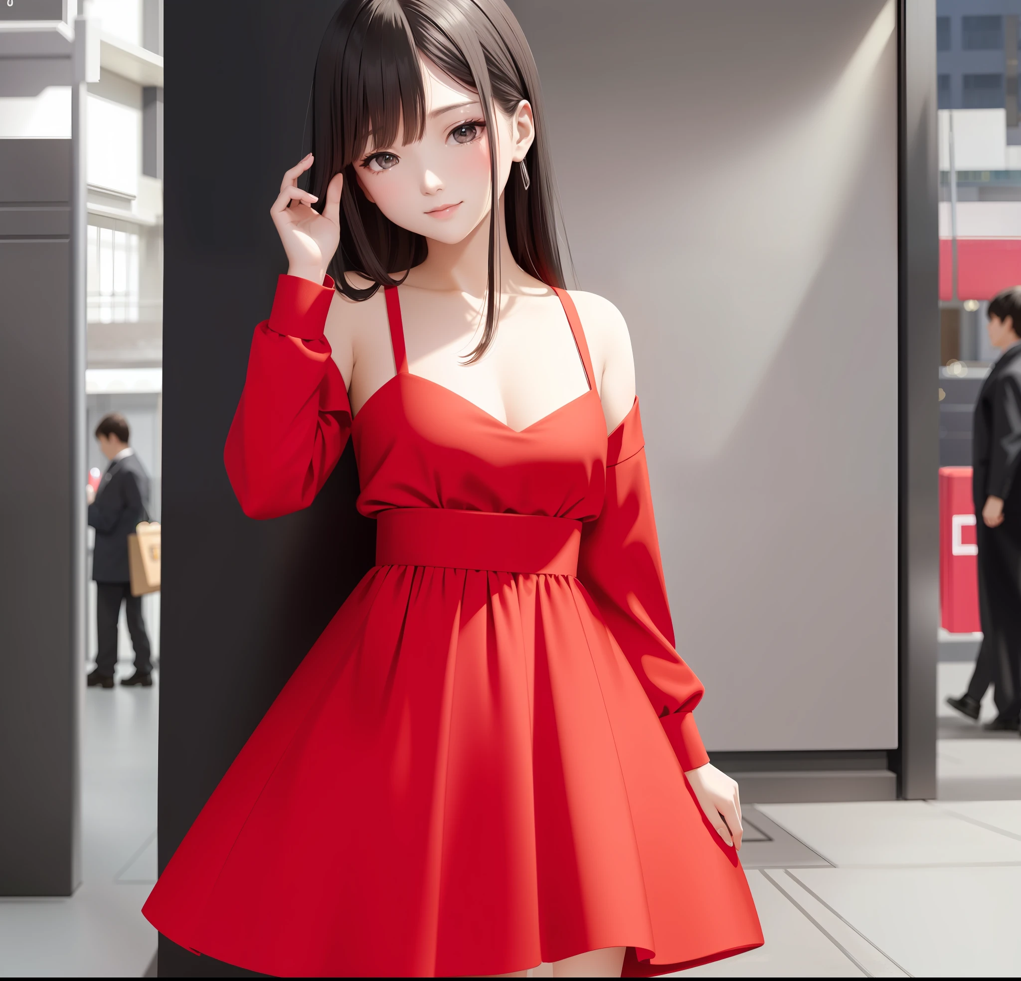 there is a woman in a red dress posing for a picture, official product image, newstyle, ad image, smartphone, mobile suit, asuka, no life, daily life, by Yanagawa Nobusada, promo art, iphone, full device, けもの, by Manabu Mabe