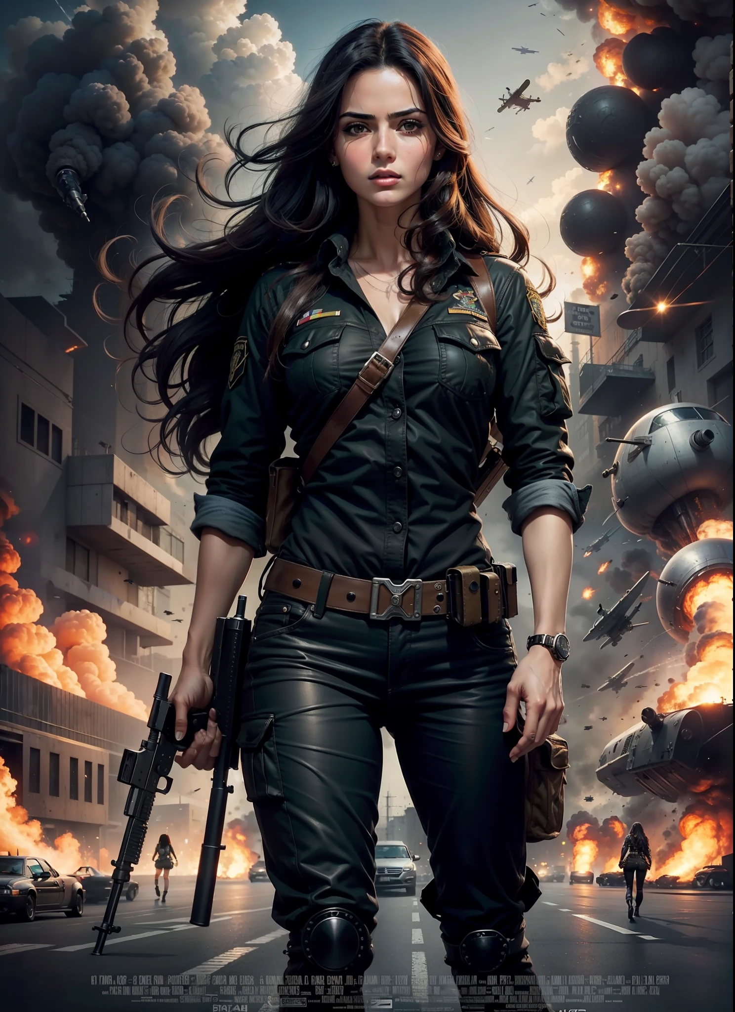 Movie poster commando Portuguese, beautiful woman, medium dark long hair, with big gun in hands, black clothes, rivets, explosions, cars, airplanes, just one body