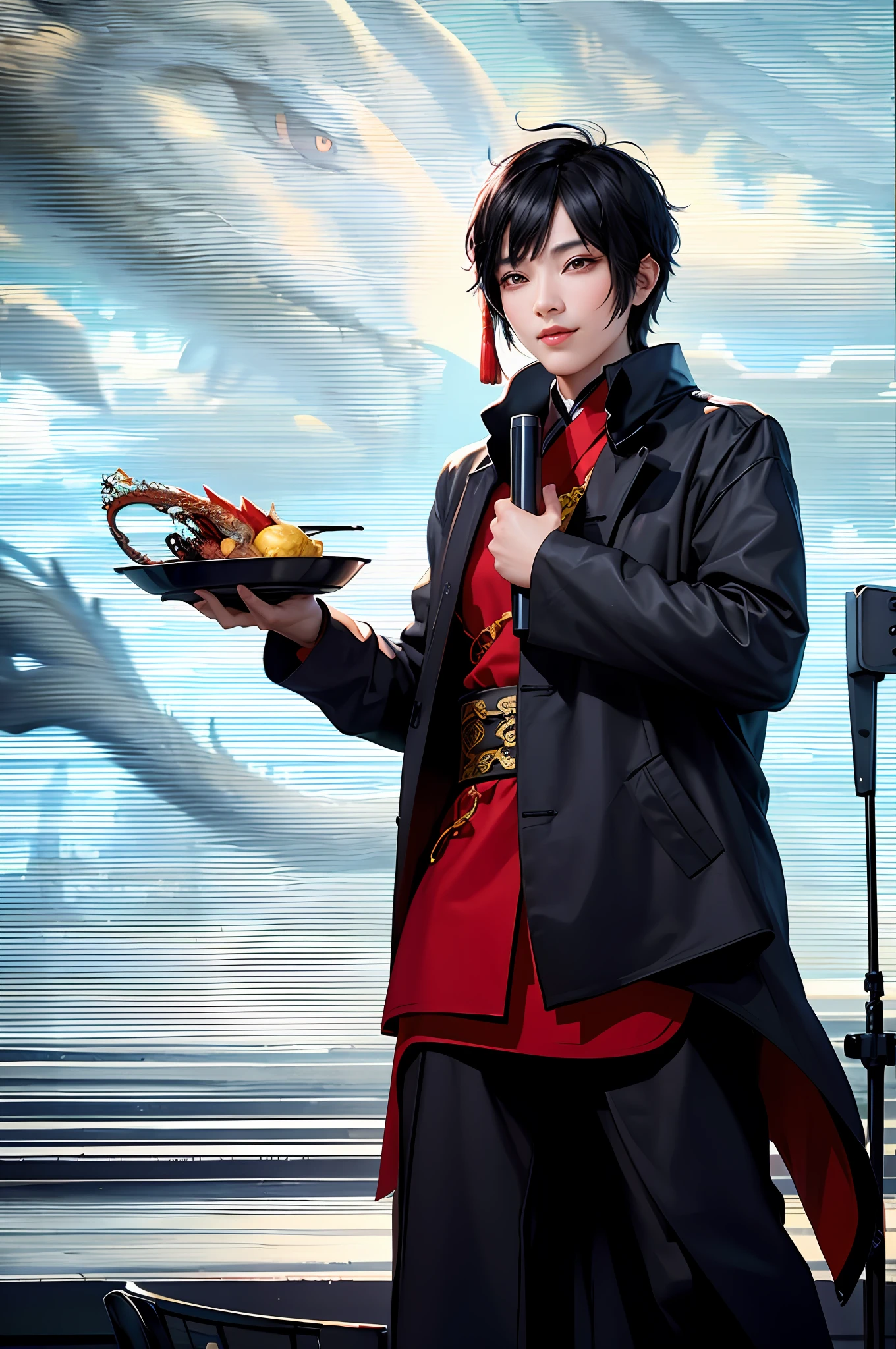 Black hair, Chinese, tsundere mouth, dynamic angle, cowboyshot, (the most beautiful form of chaos), flowing, with a Chinese dragon behind it
