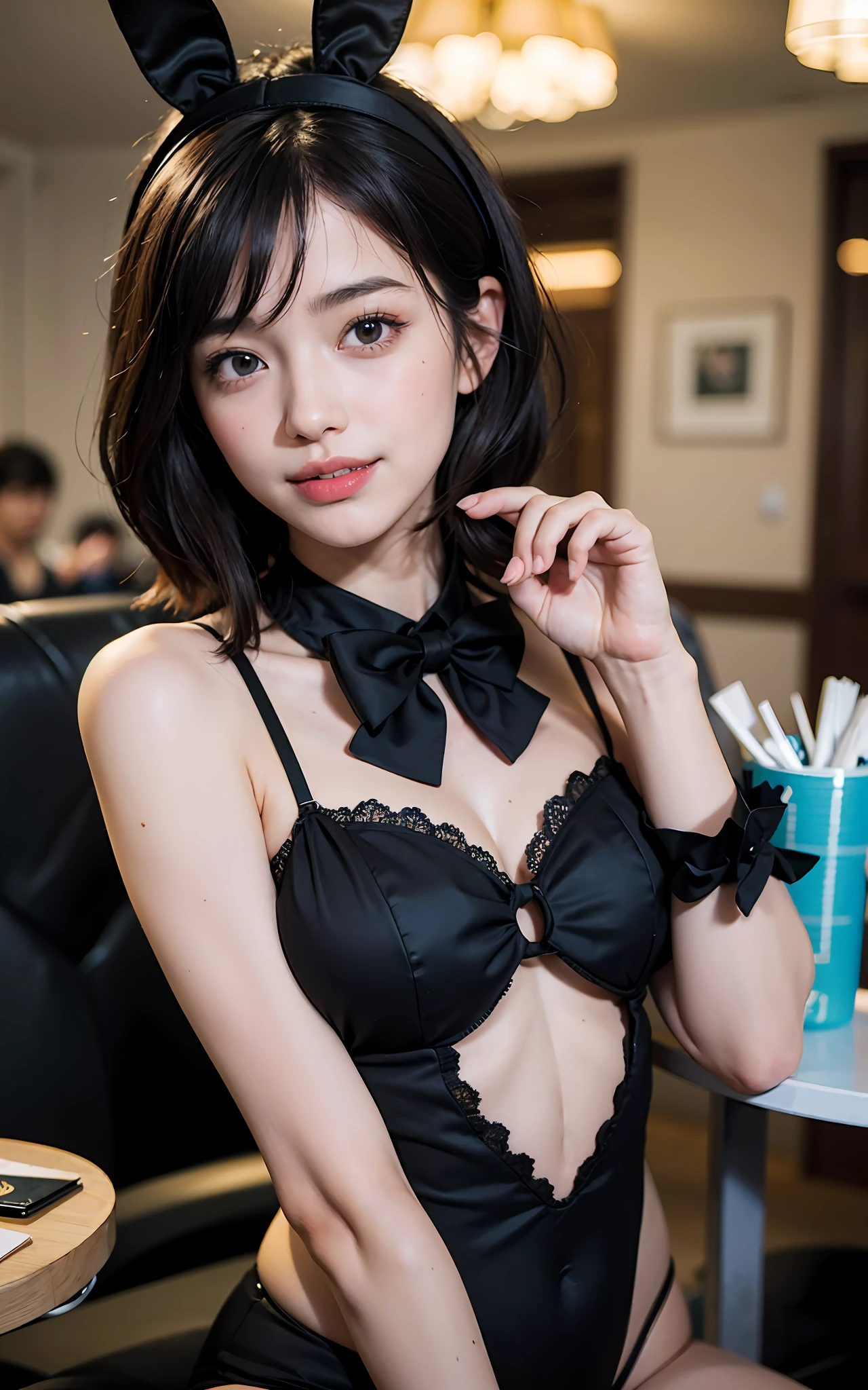 (Realistic, Photorealistic: 1.37), (8k, RAW Photos, Best Quality, Masterpiece: 1.2), Very Cute Woman, Super Detailed, Heart-Shaped Pupils, Physically Based Rendering, Ultra High Resolution, Kodak Vision Color, Shot with Arricam LT Camera, Bokeh, Sharp Focus,
Watch the viewer, realistic, solo, photorealistic, top quality, highly detailed face, bunny girl, (black bunny suit, rabbit ear shaped hairband, bow tie: 1.2)), dark brown hair, short bob hair, highly detailed eyes and face, beautiful detailed eyes, double eyelids, (unforgettable smile, blush)), hair fluttering in the wind, (face up: 1.2)), ( Colorful casino interior, background blurred)), cute random pose