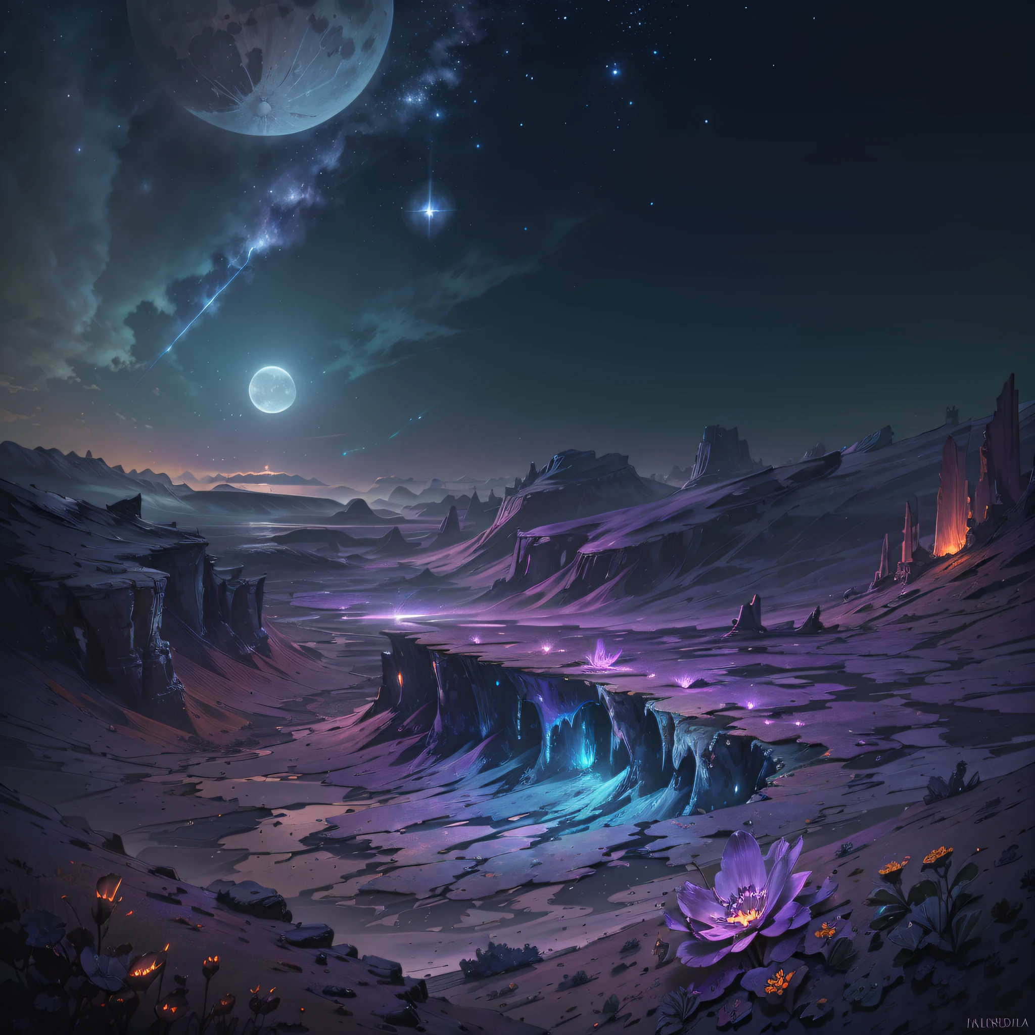 expansive landscape photograph , (a view from below that shows sky above and open field below), a girl hair silver standing on flower field looking up, (full moon:1.2), ( shooting stars:0.9), (nebula:1.3), distant mountain, tree BREAK production art, (warm light source:1.2), (Firefly:1.2), lamp, lot of purple and orange, intricate details, volumetric lighting, realism BREAK (masterpiece:1.2), (best quality), 4k, ultra-detailed, (dynamic composition:1.4), highly detailed, colorful details,( iridescent colors:1.2), (glowing lighting, atmospheric lighting), dreamy, magical, (solo:1.2) --auto --s2