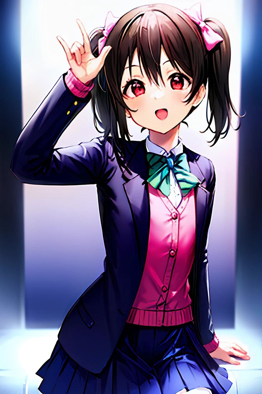 1girl, solo,(best quality),(masterpiece:1.1),blue(school uniform:1.4),dress, looking_at_viewer, neck_ribbon, studio background, cute, clear facial skin, twin tails