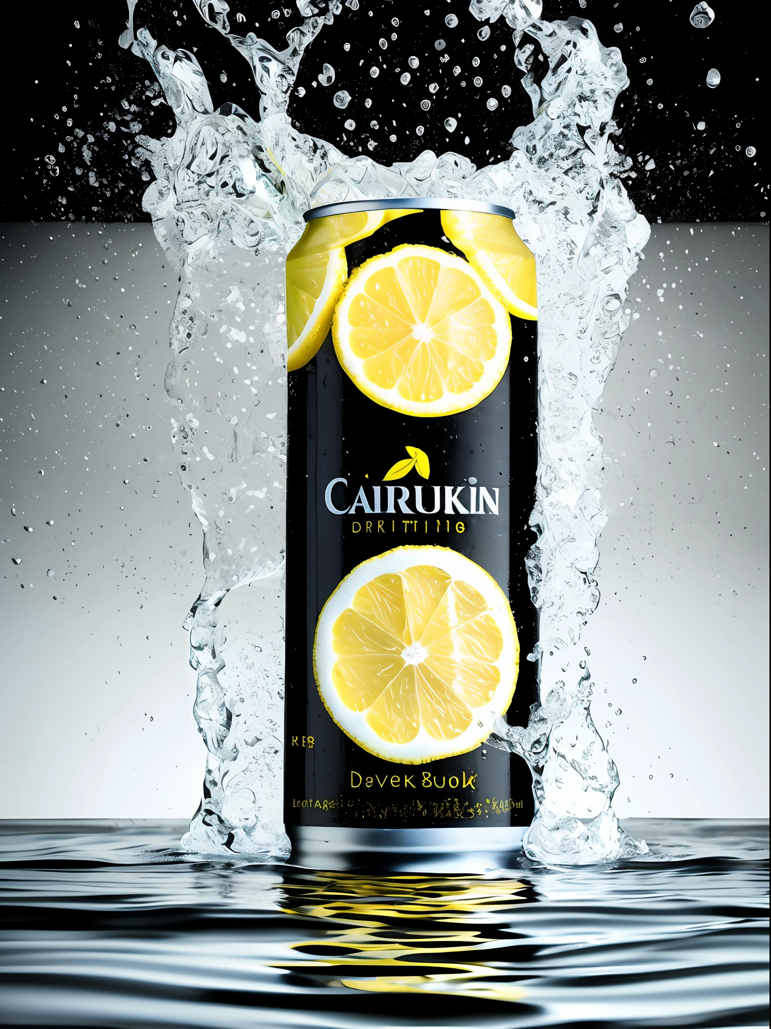 There is a can of lemon drink floating in water, lemon floating in water, dramatic product photography, made by Micha Klein, made from drinks, funny compositions, posters, detailed concept photography, David Rubin, realistic water, advertising photography, commercial product photography, drinks, surreal water art, organic 8K art photography, CGsociety. 🌺