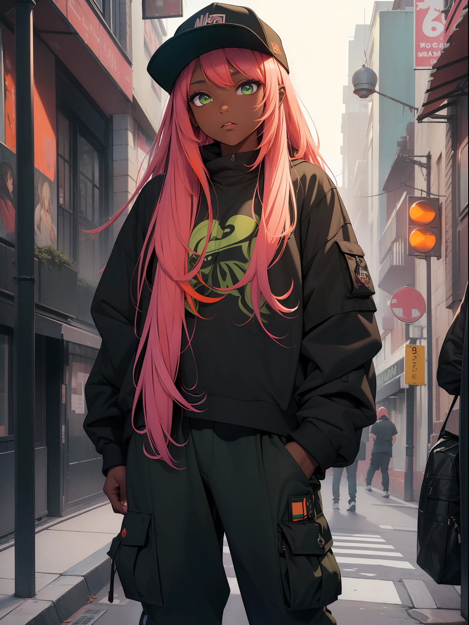 (masterpiece:1.4), 1girl, Streetwear,cargo pants, street, (masterpiece, best quality, highres, ultra detailed ), night, depth of field, absurdres, (masterpiece:1.4), ultra-detailed, 1girl, dark-skinned, stand up, black and green and orange, long pink wildly hair with black streaks