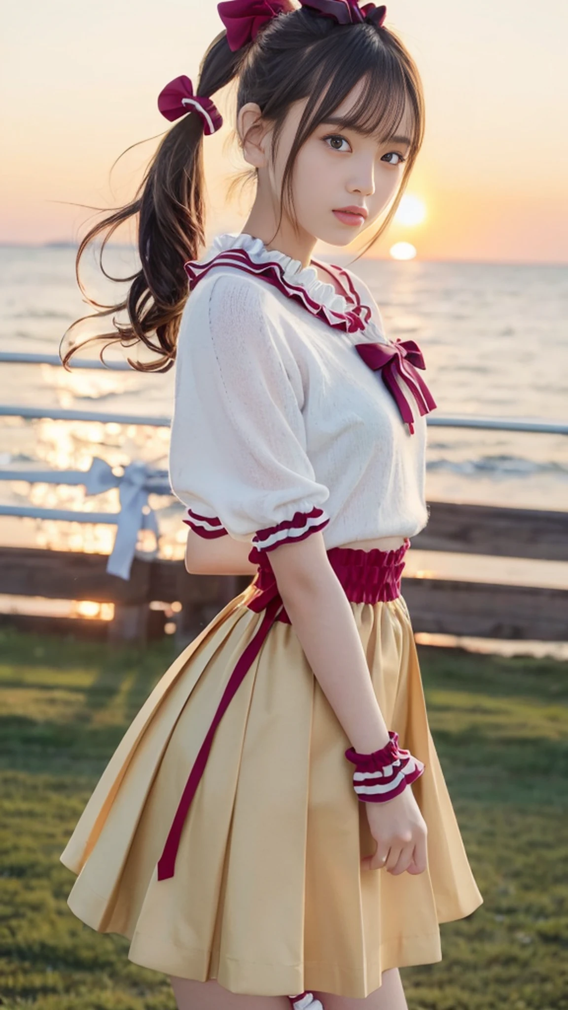 Thigh gaps, ((Photorealistic)),(Slim)),((AKB 48)),(Full body photo)), ((Sunset in background))),(19 years old),(Small bust)))))), (Wearing a hat deeply)),(Long skirt))(Spring sweater))(Photorealism:6, Real))), (((sideways and turning around pose)),Perfect lower body shape,((Upside ponytail),(Ribbon),((Has scrunchies on wrists)),Hair ornaments,Small waist