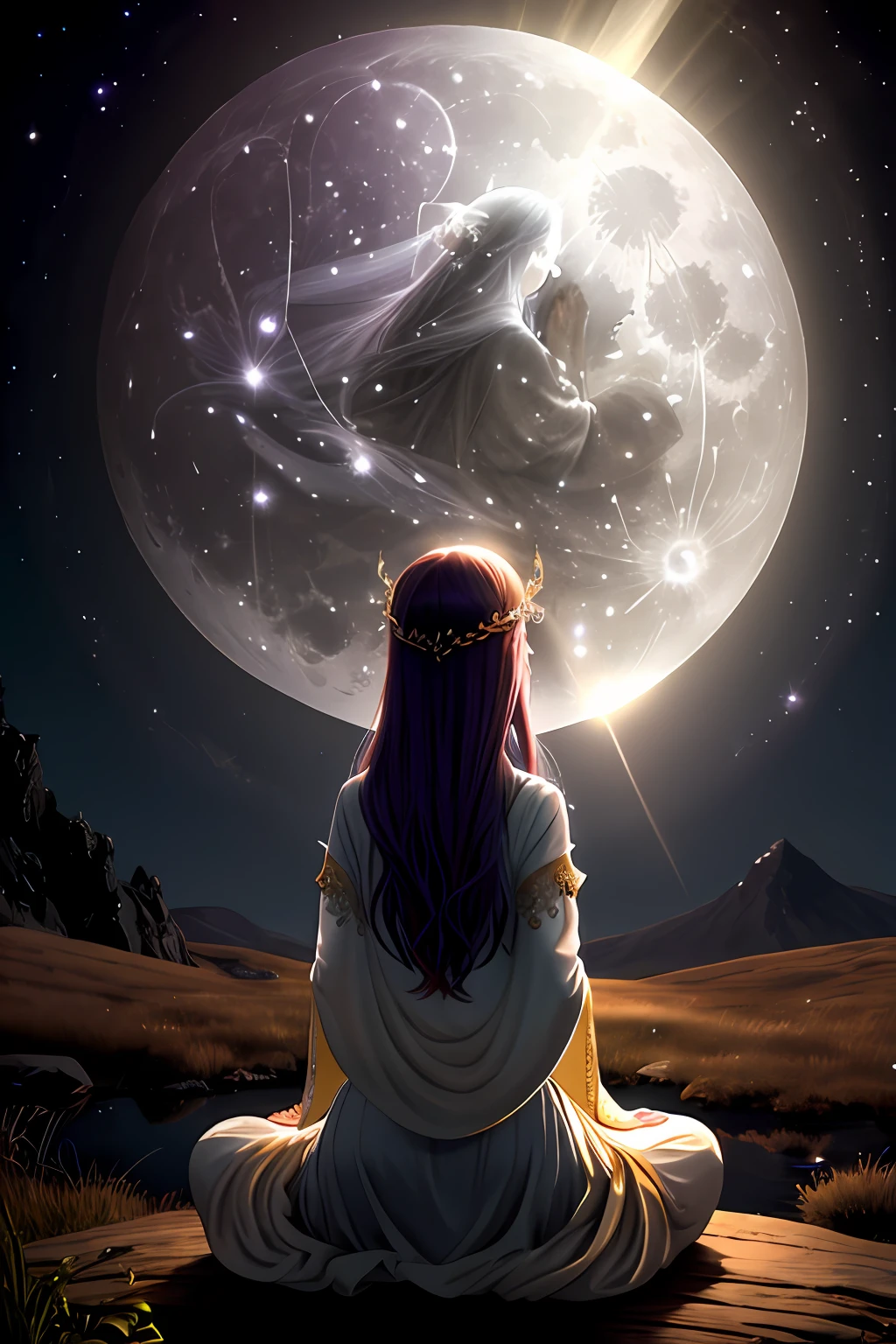 full moon, fairy, meditation, blessing, halo, prayer, best quality, real image