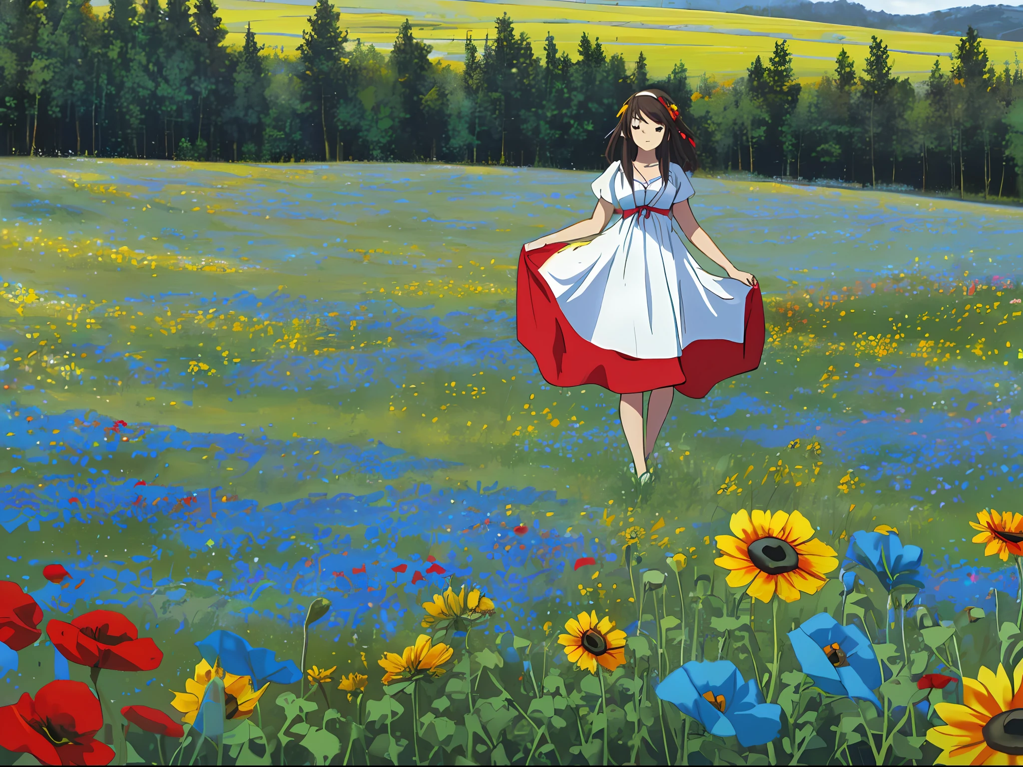 ((masterpiece)), (8k, high_resolution),(best quality), 1girl, solo, Haruhi suzumiya, (dress, white-blue-red dress, dresses in the colors of the Russian flag, very detailed face, mysterious look, no smile) meadow, field, large field, meadow flowers and grasses, landscape, deserted, (dusk), no sun, twilight, summer, Kyoani Haruh style, (meadow white and blue and red flowers, white poppy flowers, no trees, no forest, only a meadow, only a meadow with flowers), no sunflowers, no sunflowers