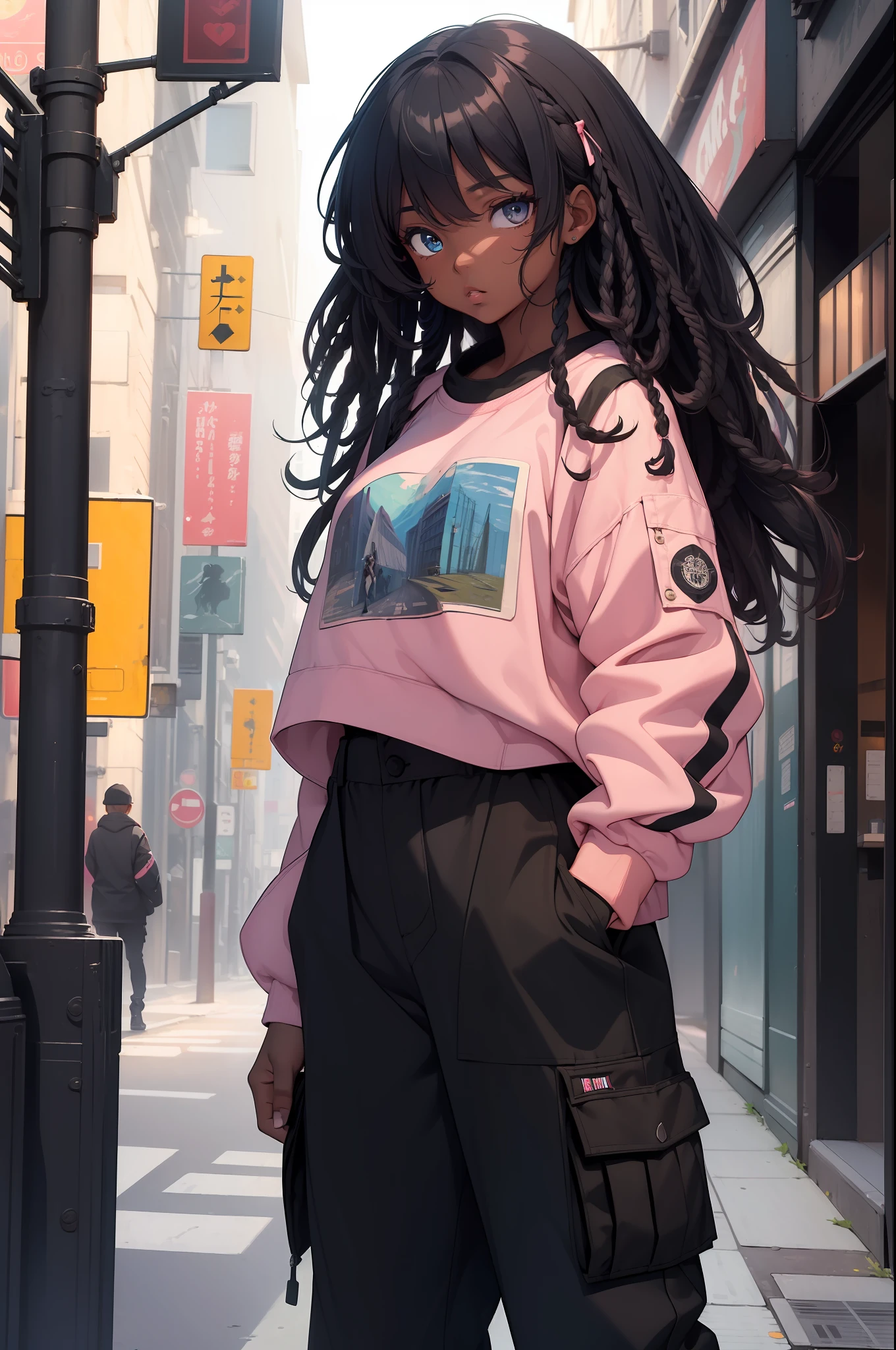 (masterpiece:1.4), 1girl, Streetwear,cargo pants, street, (masterpiece, best quality, highres, ultra detailed ), night, depth of field, absurdres, (masterpiece:1.4), ultra-detailed, 1girl, dark-skinned, stand up, black and pink, long blue curly hair with black streaks