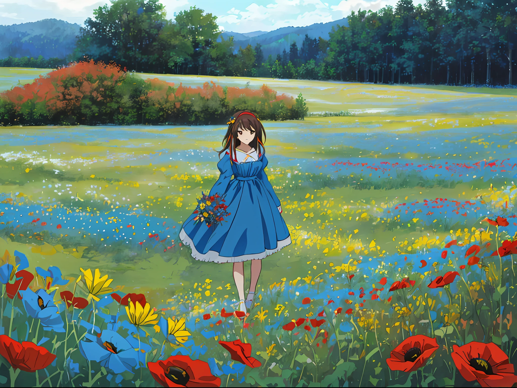 ((masterpiece)), (8k, high_resolution),(best quality), 1girl, solo, Haruhi suzumiya, (dress, white-blue-red dress, dresses in the colors of the Russian flag, very detailed face, mysterious look, no smile) meadow, field, large field, meadow flowers and grasses, landscape, deserted, (dusk), no sun, twilight, summer, Kyoani Haruh style, (meadow white and blue and red flowers, white poppy flowers, no trees, no forest, only a meadow, only a meadow with flowers), no sunflowers, no sunflowers