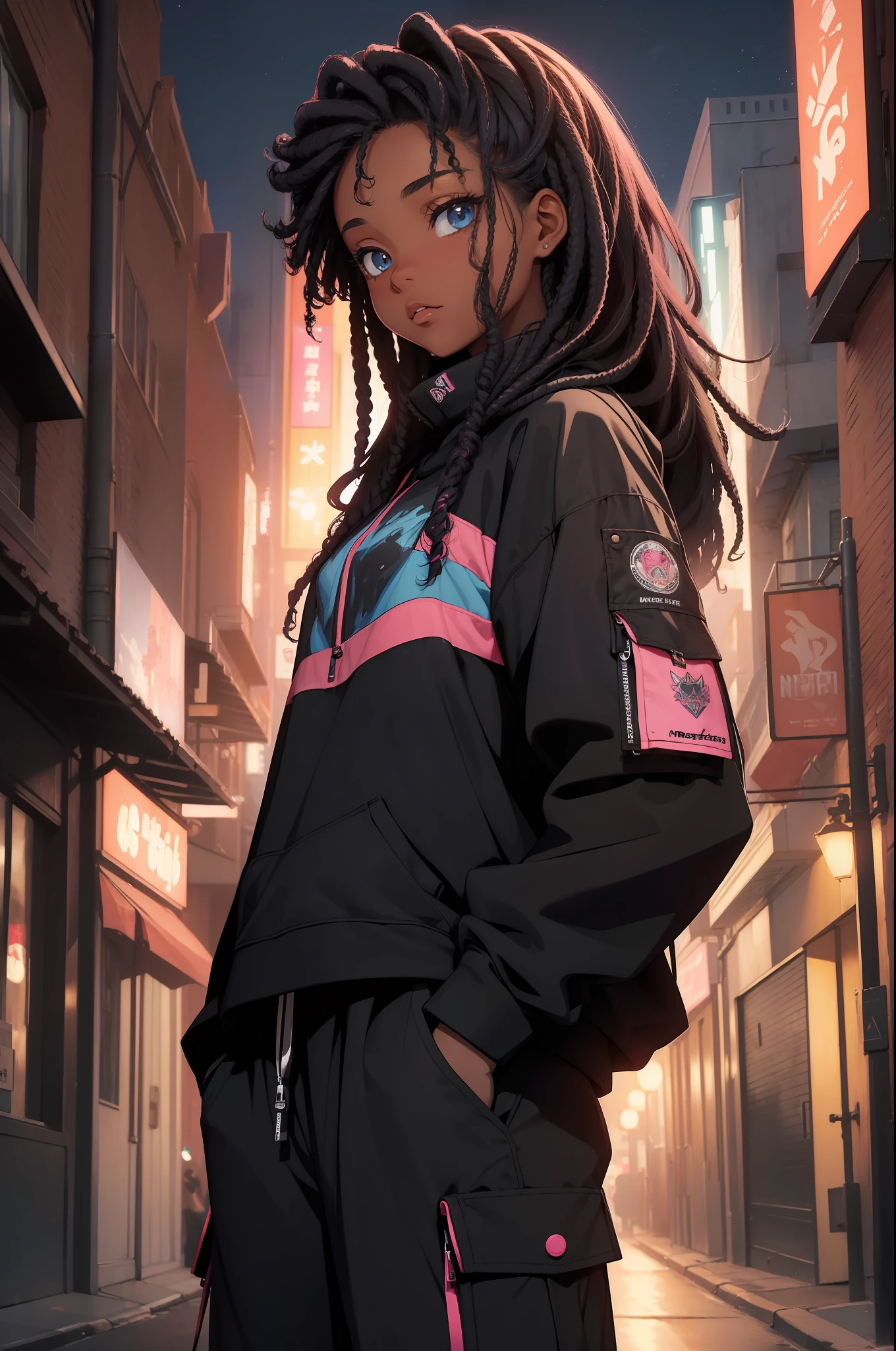 (masterpiece:1.4), 1girl, Streetwear,cargo pants, street, (masterpiece, best quality, highres, ultra detailed ), night, depth of field, absurdres, (masterpiece:1.4), ultra-detailed, 1girl, dark-skinned, stand up, black and pink, long blue curly hair with black streaks