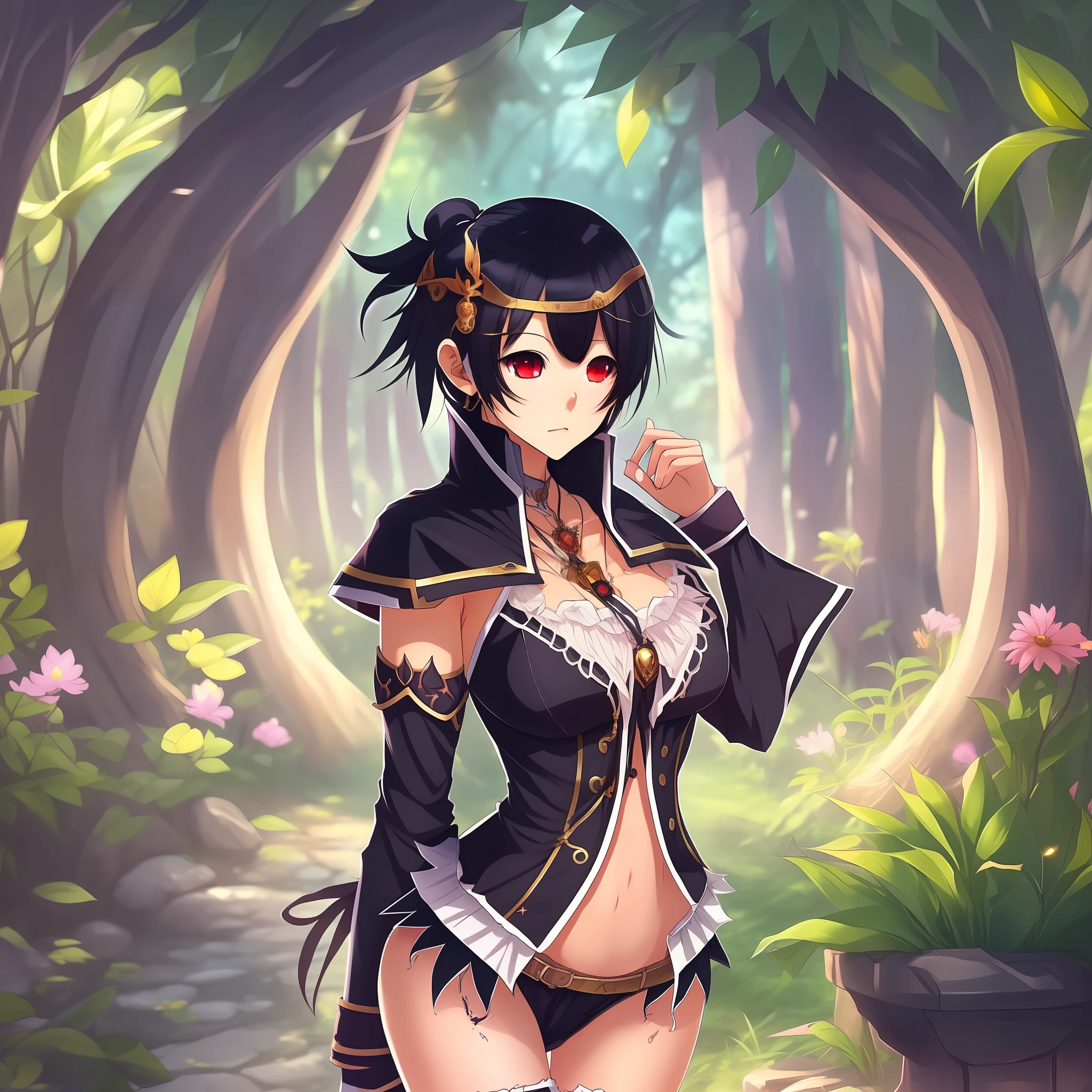 Sensual anime girl, with short clothes, sorceress costume, short straight black hair, strong and attractive body. --auto --s2