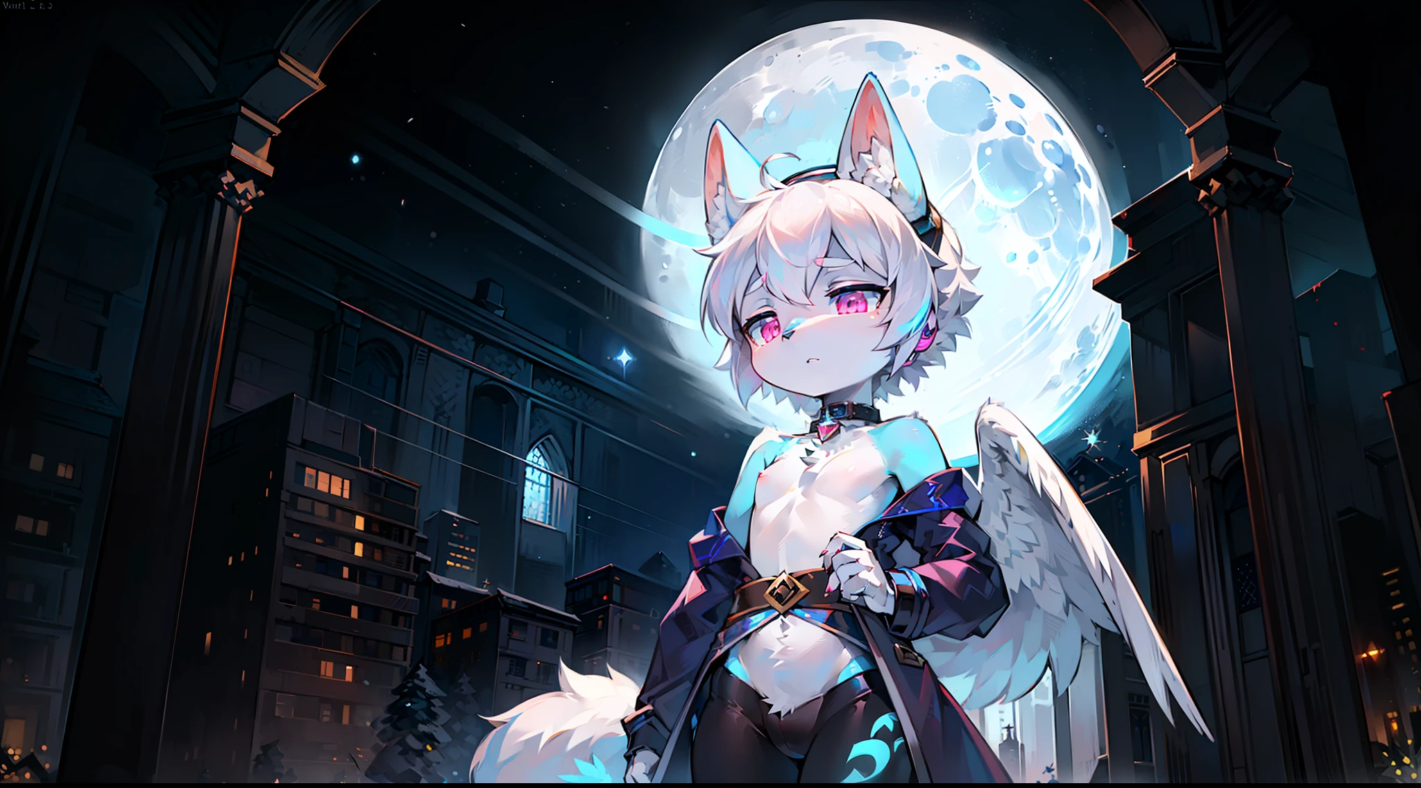 Snow Fox (((Masterpiece)), Collar, ((Angel Wings: 1.45)), (Headphones: 1.4), Short Hair, (White Hair: 1.35), ((Female Thigh Height: 1.5)), Full Body, (Glow Tattoo: 1.52)), Full HD, 8K, ((Nighthood: 1.65)), (Full Moon, Blue Moon: 1.45)), (Small Breasts: 1.35),, Winter Land, ((Blue Eyes: 1.45)), ((Pink Eyes: 1.35)), ((Thin: 1.55)), (Body Fluffy: 1.55), (Tomboy: 1.55), ((Canine: 1.34)) (Paws: 1.15), (White: 1.36), (Magic: 1.35), Drowsiness, (Hanging: 1.66), (Struggle: 1.55), (Wailing: 1.45)