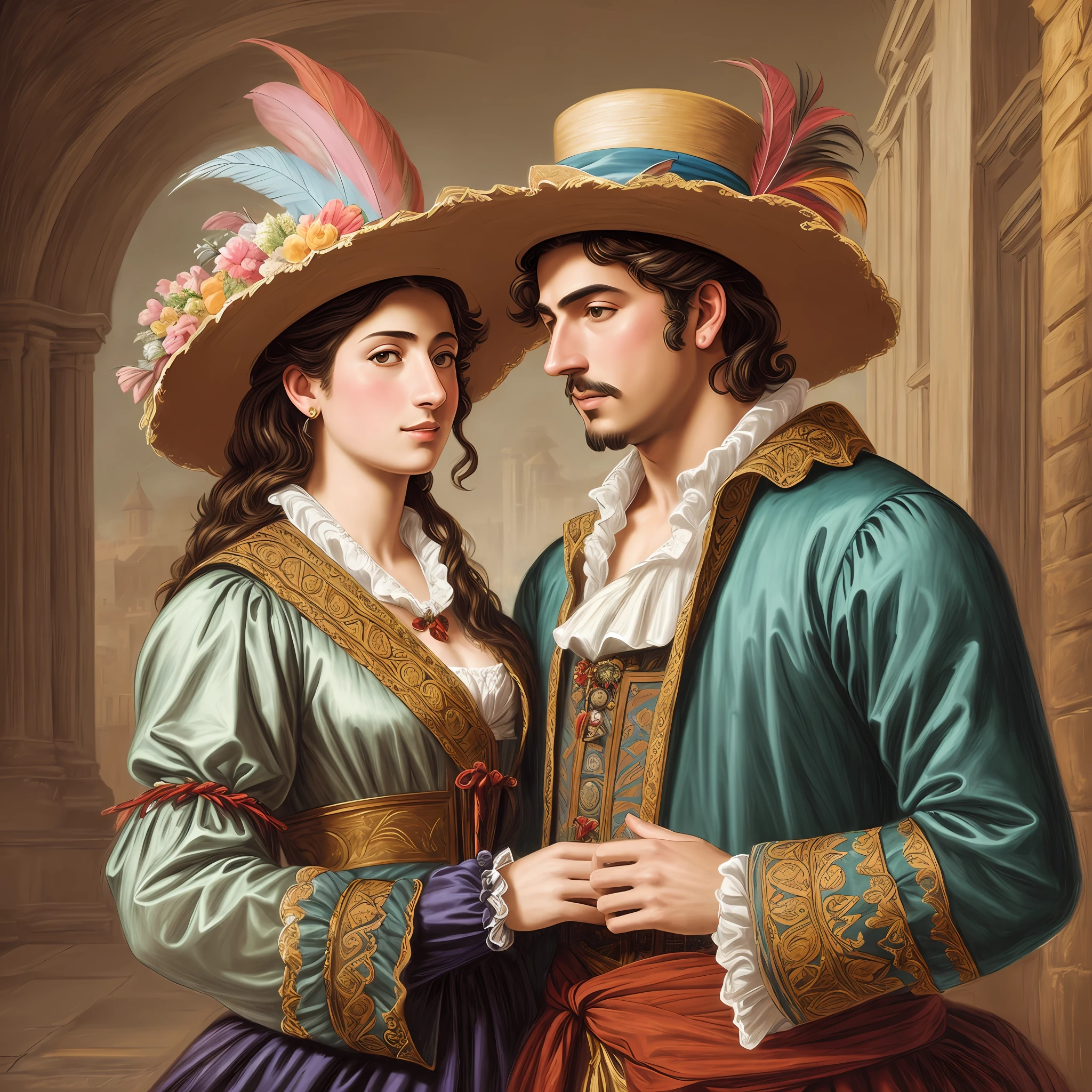 dynamic scene. City. 1600s. Don Juan in a hat with feathers flirts with a beautiful young Spaniard. Cheerful environment. Large portrait. Pastel muted primary colors. Moire haze.  Super realistic, cinematic. Studio light. Blurred evening fantasy background. --auto --s2