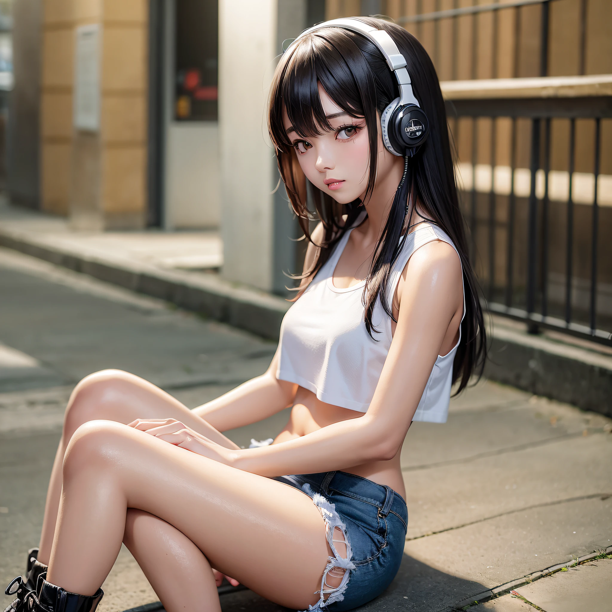 woman sitting on the ground with headphones on, bra and shorts streetwear, korean girl, wearing casual clothes, chinese girl, photo of slim girl, gorgeous young korean woman, beautiful south korean woman, anime girl in real life, wearing tight simple clothes, pretty face with arms and legs, attractive pose, casual pose, beautiful asian girl, 8k)), asian features --auto --s2