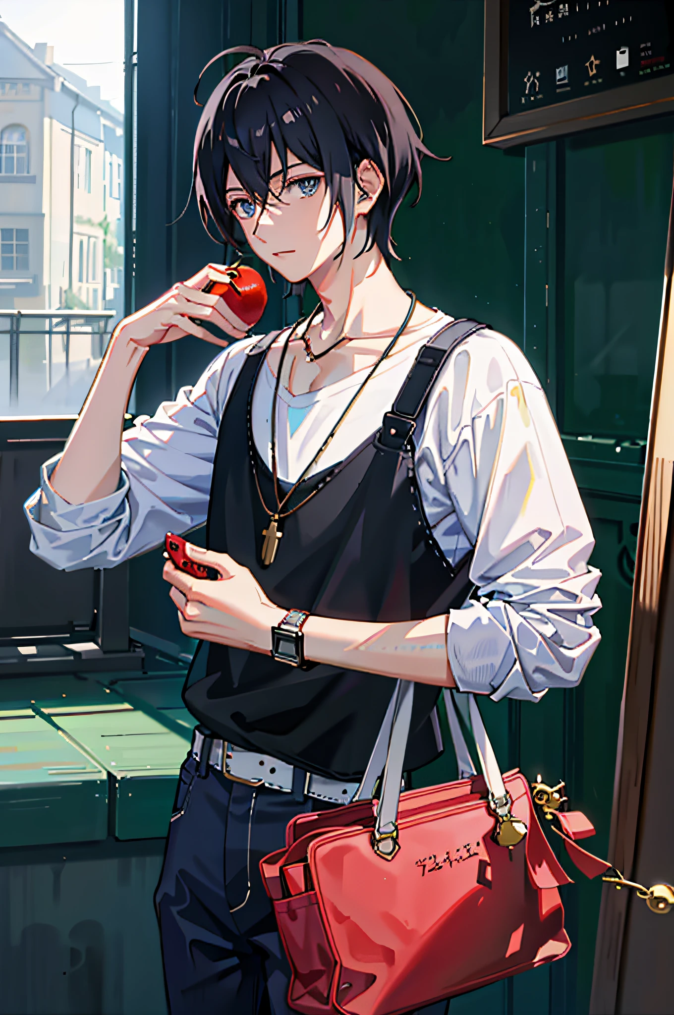 1boy, apple, bag, bangs, berry, black hair, black shirt, blue eyes, hair between eyes, jewelry, leaf, looking at viewer, male focus, necklace, pants, shirt, solo, watch, white pants, wristwatch, messy hair, trending on artstation, 8k resolution, highly detailed, anatomically correct, sharp image, digital painting, concept art, trending on pixiv, style of makoto shinkai,