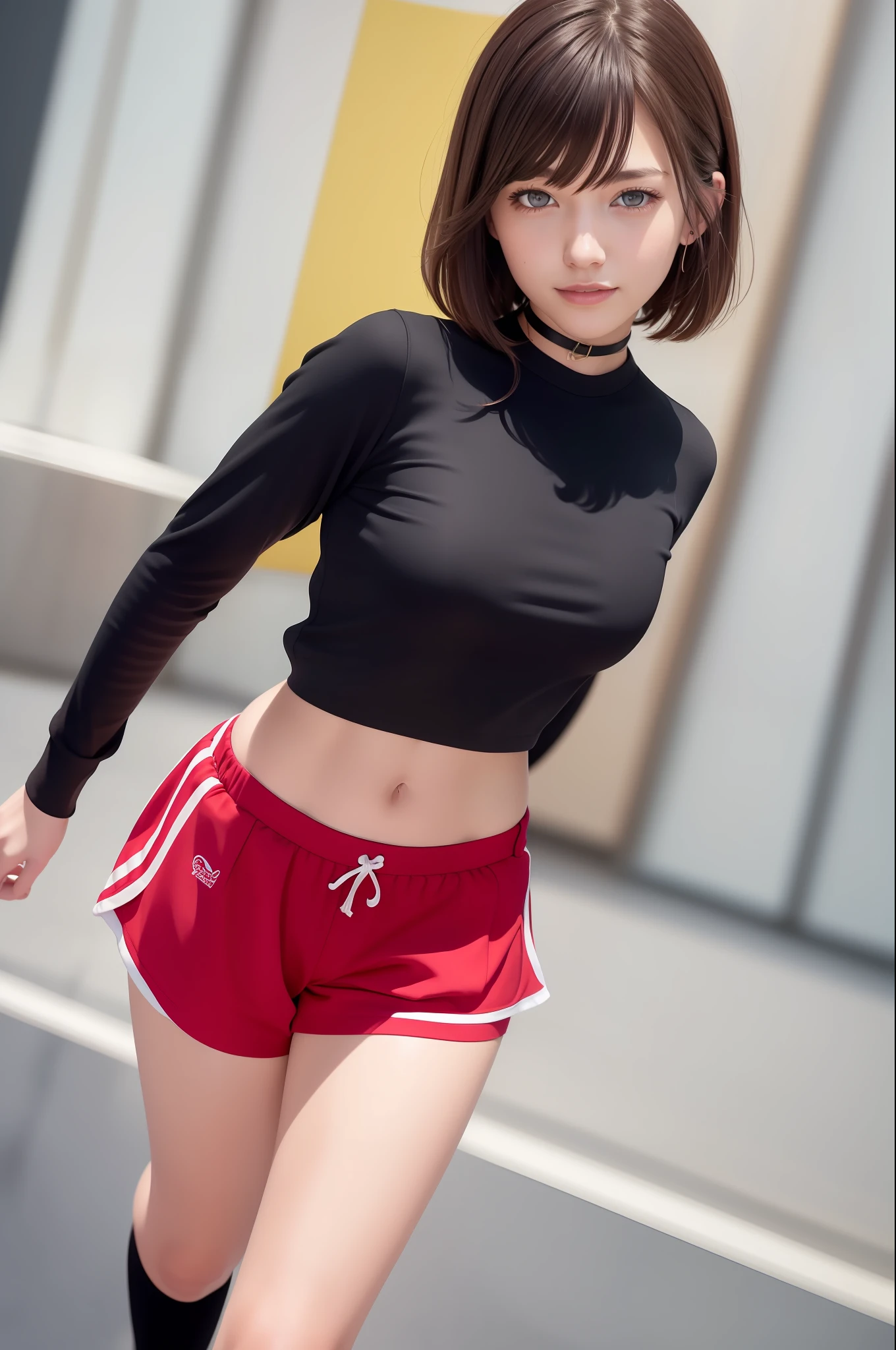 (RAW photo:1.2),(photorealistic:1.4),(masterpiece:1.3),(best quality:1.4),ultra high res,
HDR,8k resolution, 
dreamlike,
check commentary,commentary request,scenery,((no text)),
solo focus, (full body),
(detailed eyes),(detailed facial features), (detailed clothes features),
skin tight, (shiny skin),(slender girl),(slim girl),
(1girl,solo),VirtualGirl-Rin, happy, smile, (small breasts), bangs, bob hair, short hair, brown hair, brown eyes, black choker,
university student, schoolgirl, white high school sportswear,red sports shorts,sneakers,