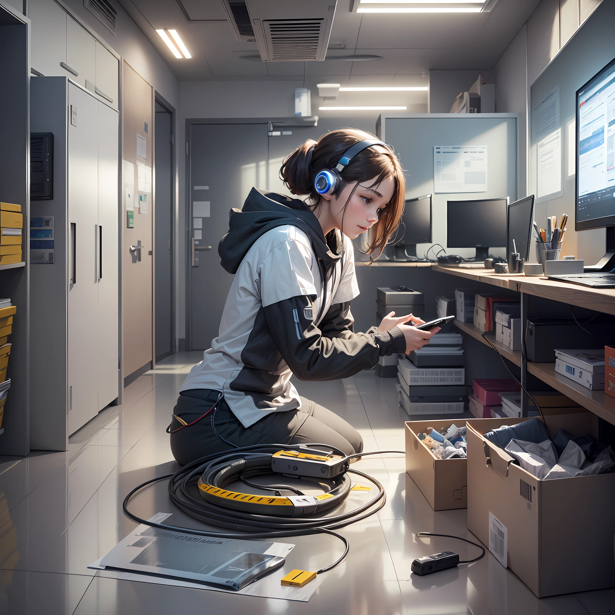 a person works at a computer, he is trained to control artificial intelligence for voice conversion, the environment is a clean room where order, ultra-realistic rendering - (Waiting to start) --auto --s2