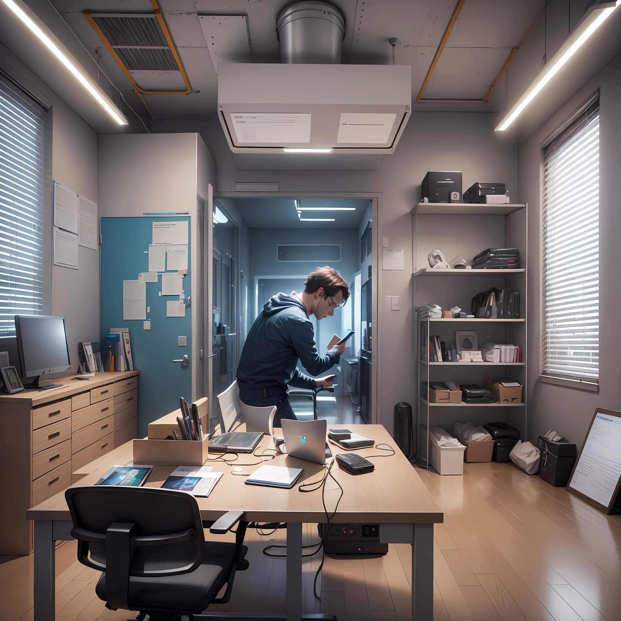 a person works at a computer, he is trained to control artificial intelligence for voice conversion, the environment is a clean room where order, ultra-realistic rendering    - (Waiting to start) --auto --s2