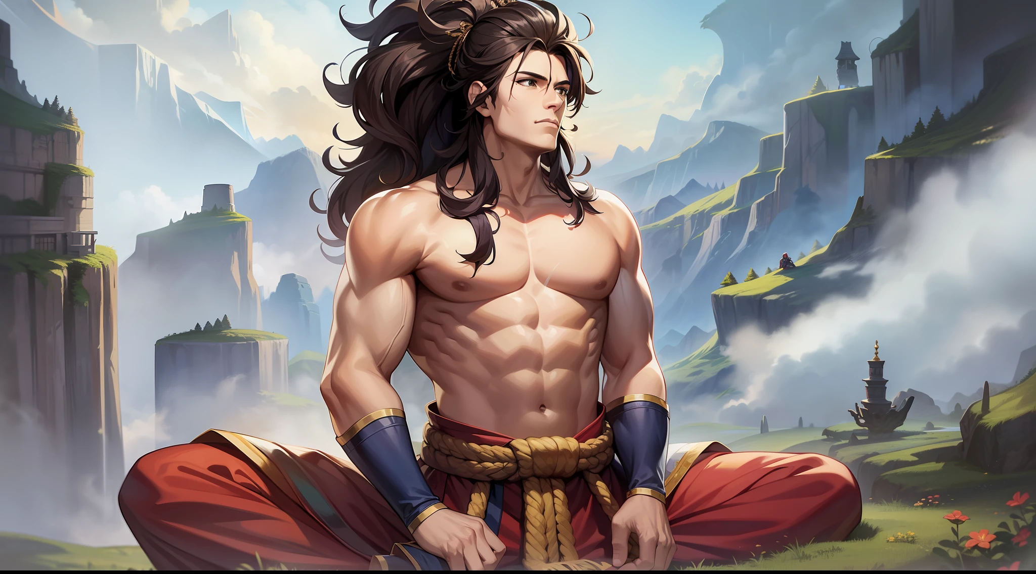 masterpiece, best quality, a man, warrior, muscular body, big hair, kung fu, dressed in traditional clothing, on top of a mountain, meditating, a forest as background, blue sky, akira toryiama art