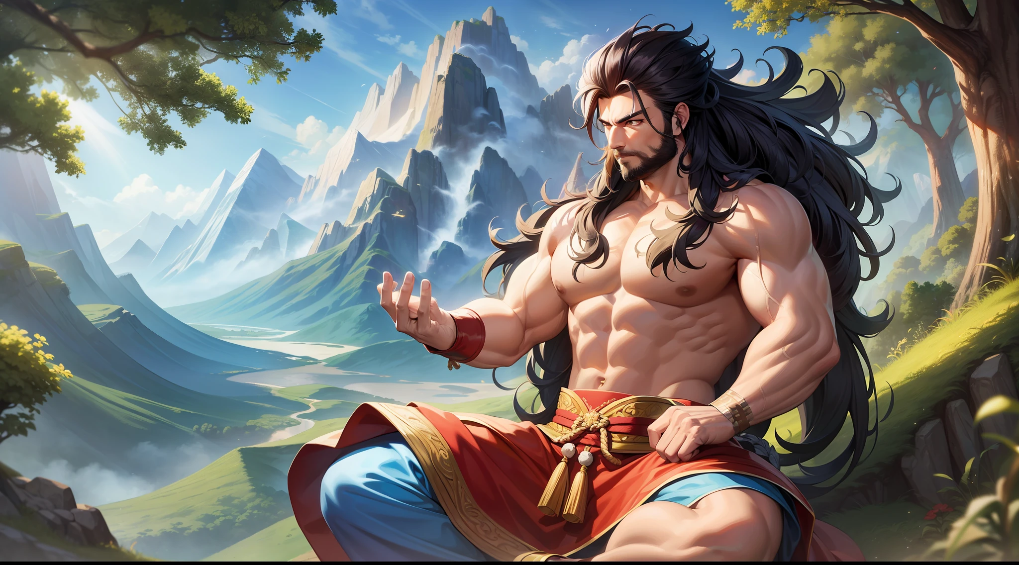 masterpiece, best quality, a man, warrior, muscular body, big hair, kung fu, dressed in traditional clothing, on top of a mountain, meditating, a forest as background, blue sky, akira toryiama art