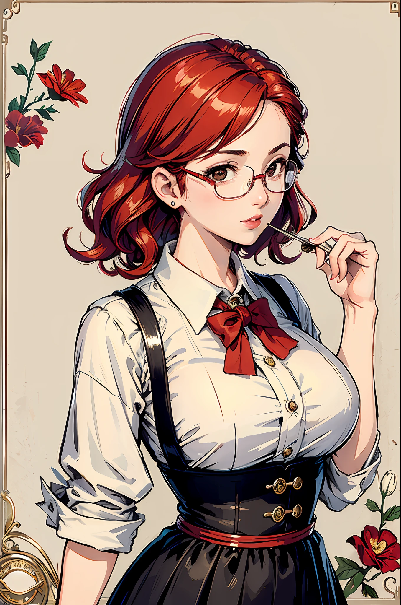 (masterpiece:1.2, best quality), (dinamic lighting) 1lady, solo, short hair, big breasts,  (shiny skin:1.2), upper body, monocle, glasses, modern, wavy red hair,Suspenders, flower on ear, harajuku style, hair pin