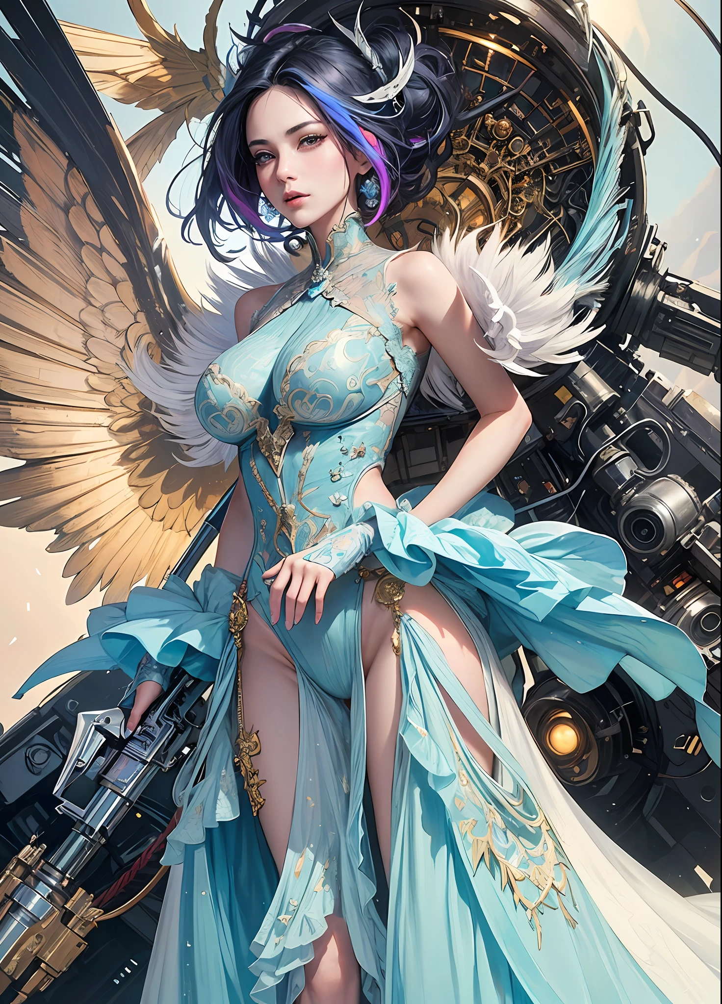 Nsfw, {{{{2girls}}}, {{hyper photo realistic}}, {hyper cute anime face}, {{masterpiece}}, {{superfine illustrations}}, {{hyper detailed very colorful hair}}, {{hyper detailed shape skin}}, {{detailed elaborately patterned beautiful eyes}}, {{hyper detailed cyberpunk colorful frill body dress}},{{Elaborately patterned mechanical wings}}, {{symmetrical reflection}}, ((slim waist)), }, cinematic angle, cinematic lighting, soft lens flare, depth of field, {{{hyper beautiful detailed cyberpunk city landscape}}}, {foggy}, {{Shining halo}},
