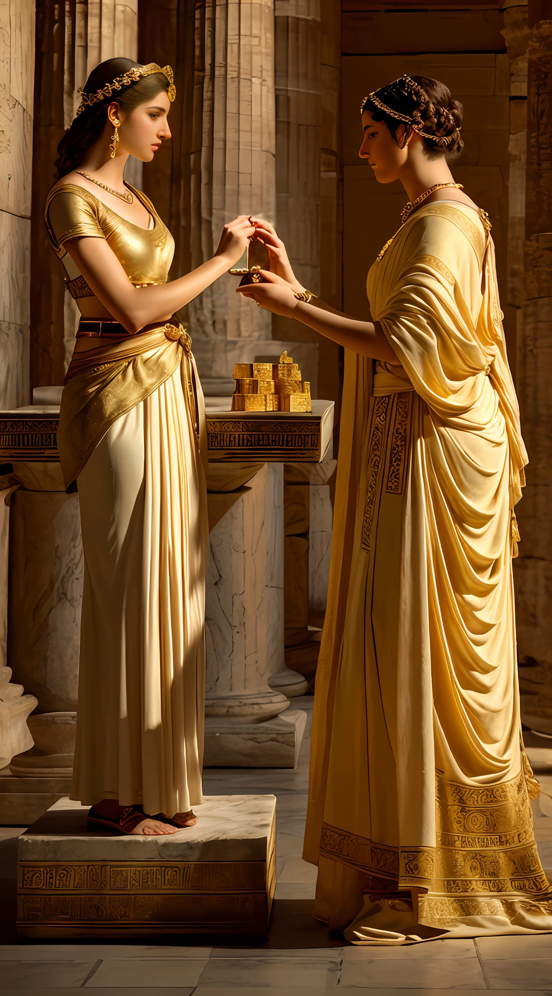 (masterpiece, best quality, realistic photography:1.2), captivating ancient Greek women, dressed in exquisite short ancient Greek dresses, (gently offering gold coins to an ancient Greek male tax official:1.2), immersive ancient Greek atmosphere, historical accuracy, ancient Greek architecture providing a backdrop, soft lighting highlighting the scene, golden hues, intricate details, depicting the financial transactions of the ancient Greek era.