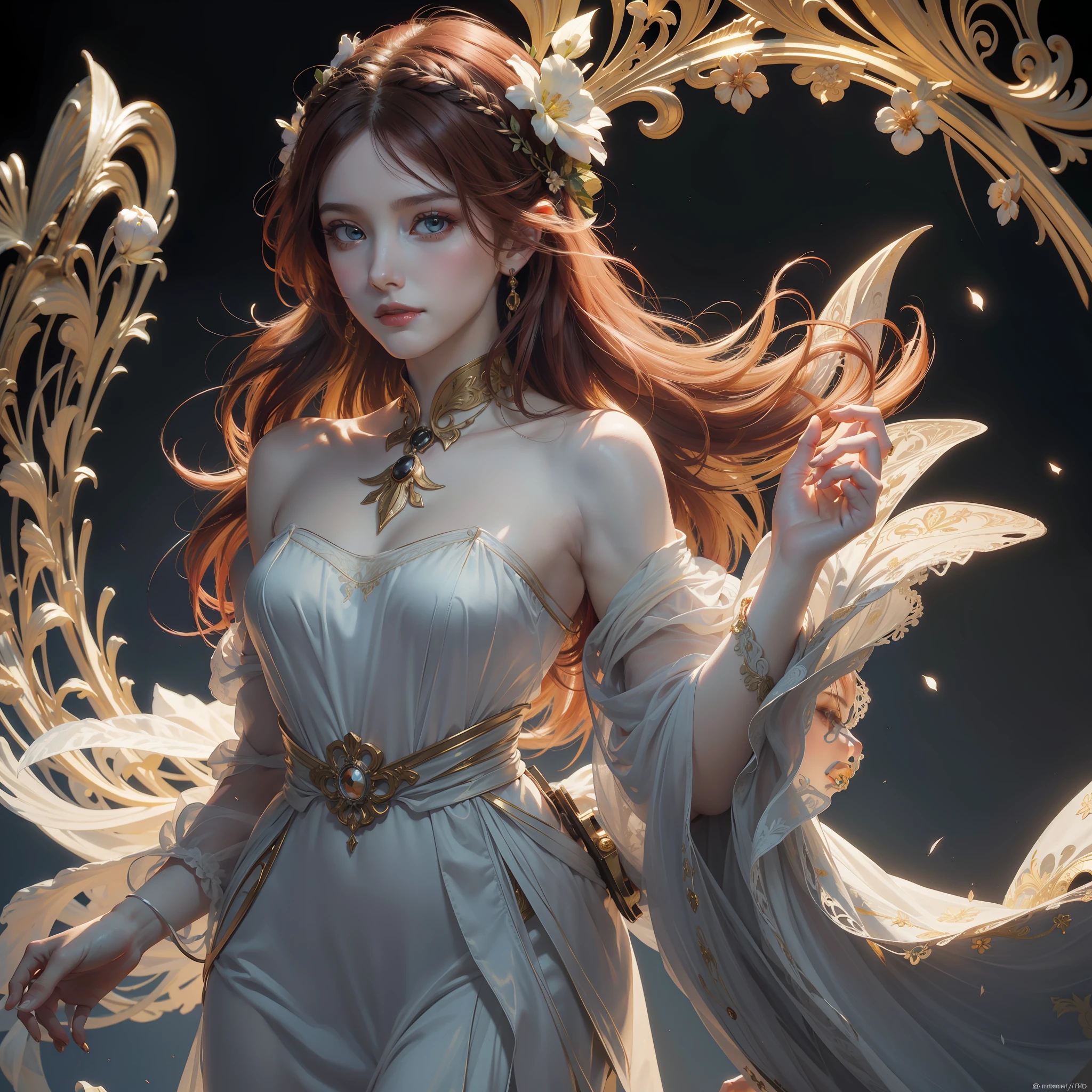masterpiece, realism, oil painting style, abstract, pastel colors, bright eyes, pale skin, (((elegant woman upper body art))), gorgeous, red hair, detailed face, backlight effect, abstract flower details, golden ratio, intricate, ((minimalist black background)), soft light, soft shadows, 12k resolution, best quality, high detailed, UHD, cinematic production, black background, painting by Alphonse Mucha
