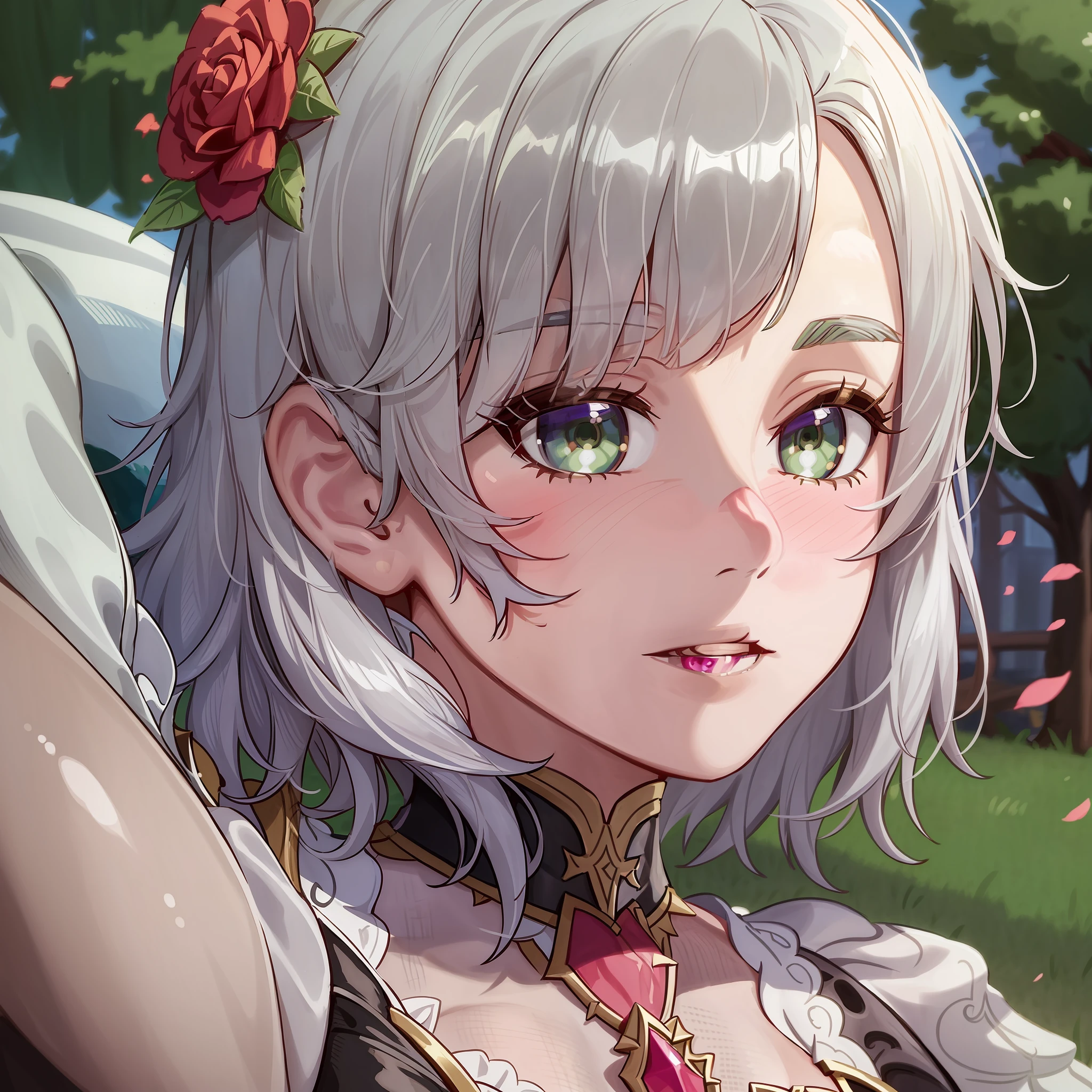 Noelle in a park, noelle \(genshin impact\) , 1girl, green eyes, silver hair, short hair, medium breasts, rose, red flower, hair flower, perfect face, perfect hands, close-up,