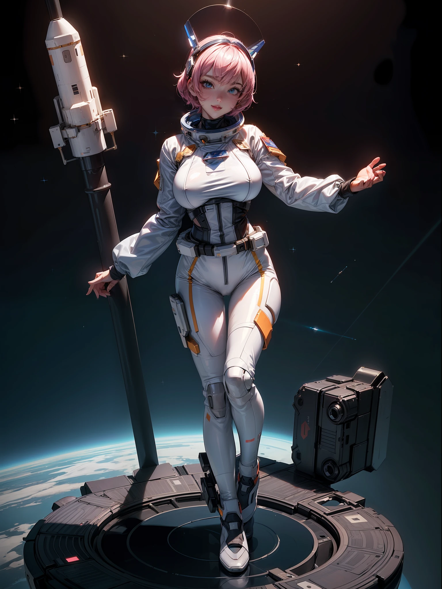 ((Full body):2) {((Alone/A woman/standing):1.5)}: ((wearing a NASA astronaut suit, with headgear with transparent glass):1.2), ((extremely large breasts ):1.2), ((shimmering blue eyes, short pink hair)1.3), ((looking at viewer with loving eyes, smile):1.2), ((erotic pose):1.3), \n She is (( flying in outer space, planet Earth in the back, NASA space rocket on the side):1.2), anime, anime-style, 16k, ((best quality, high details):1.4), masterpiece, UHD