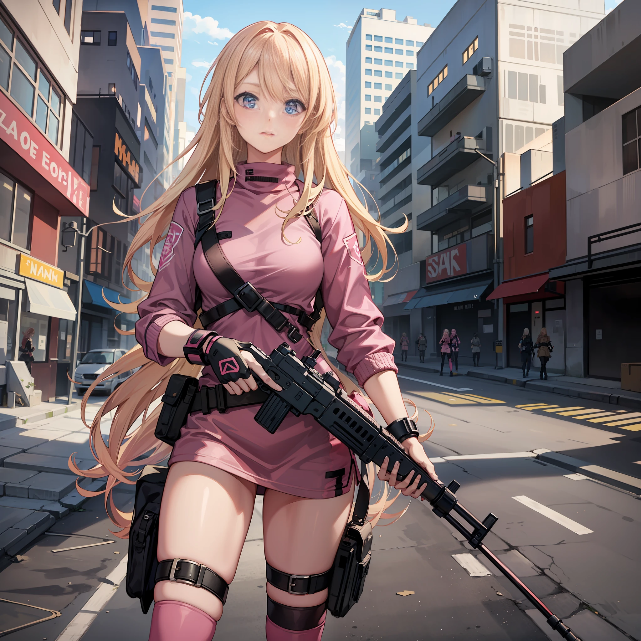A woman, pink army outfit, athletic body, holding a gun, short clothes, blonde hair, blue eyes, long hair, in an apocalyptic, deserted city