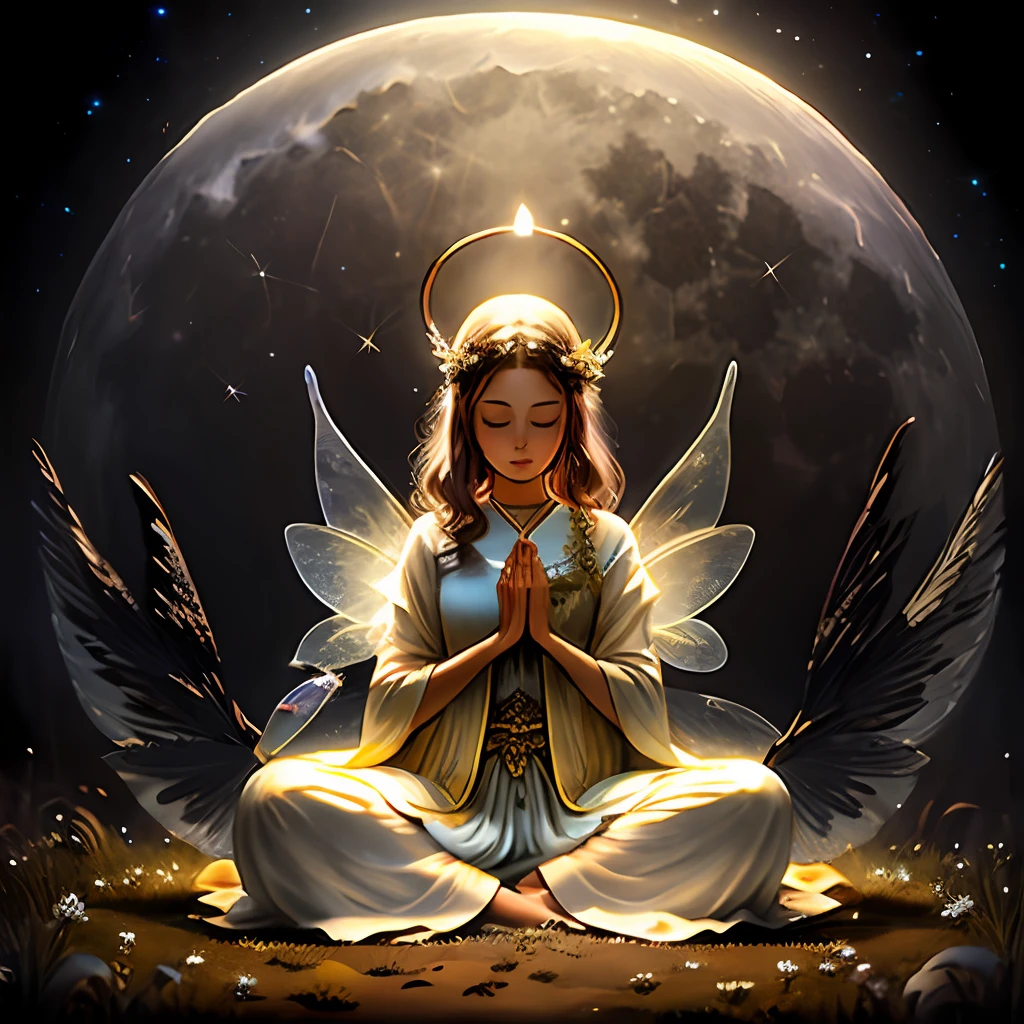 full moon, fairy, blessing, meditation, bright background, prayer, halo, best quality, lassen