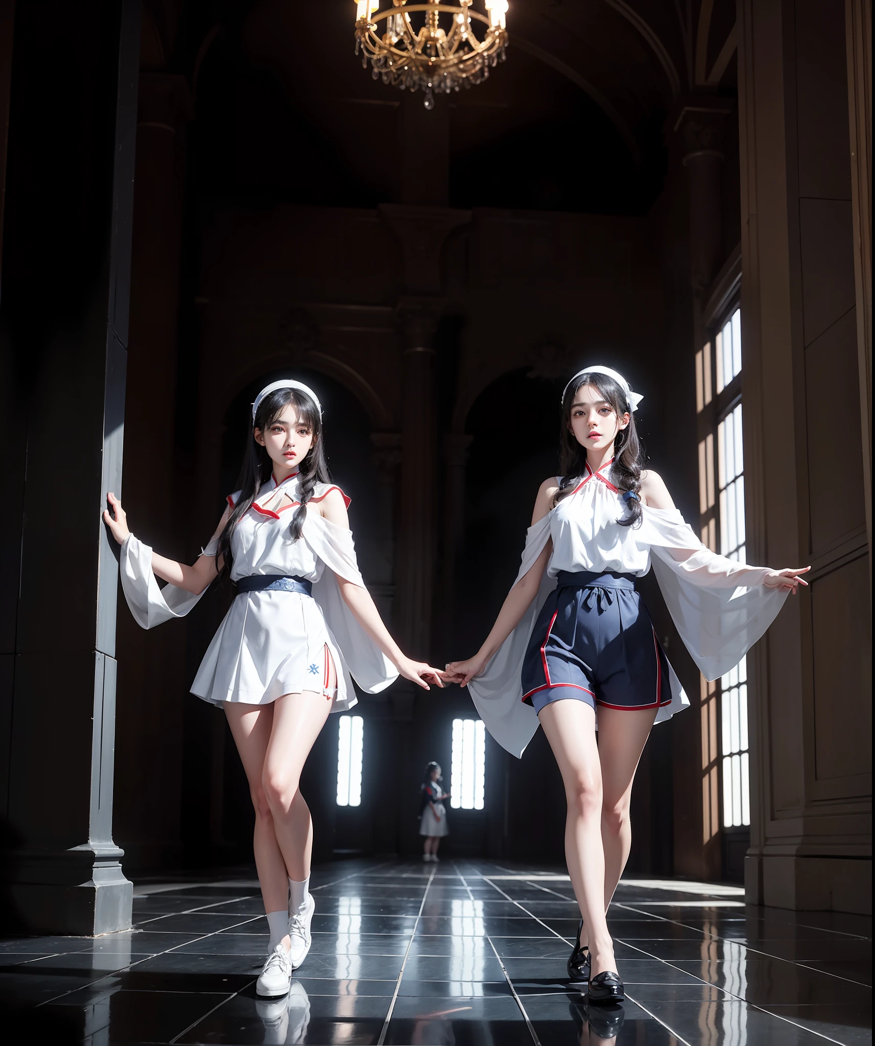 Roman hall, black and white tiles, reflective floor, 2 8-year-old girls, twins, red and blue, maid outfit, white shawl, cute outfit, shorts, character focus, Tyndall effect, cinematic lighting, looking into camera,