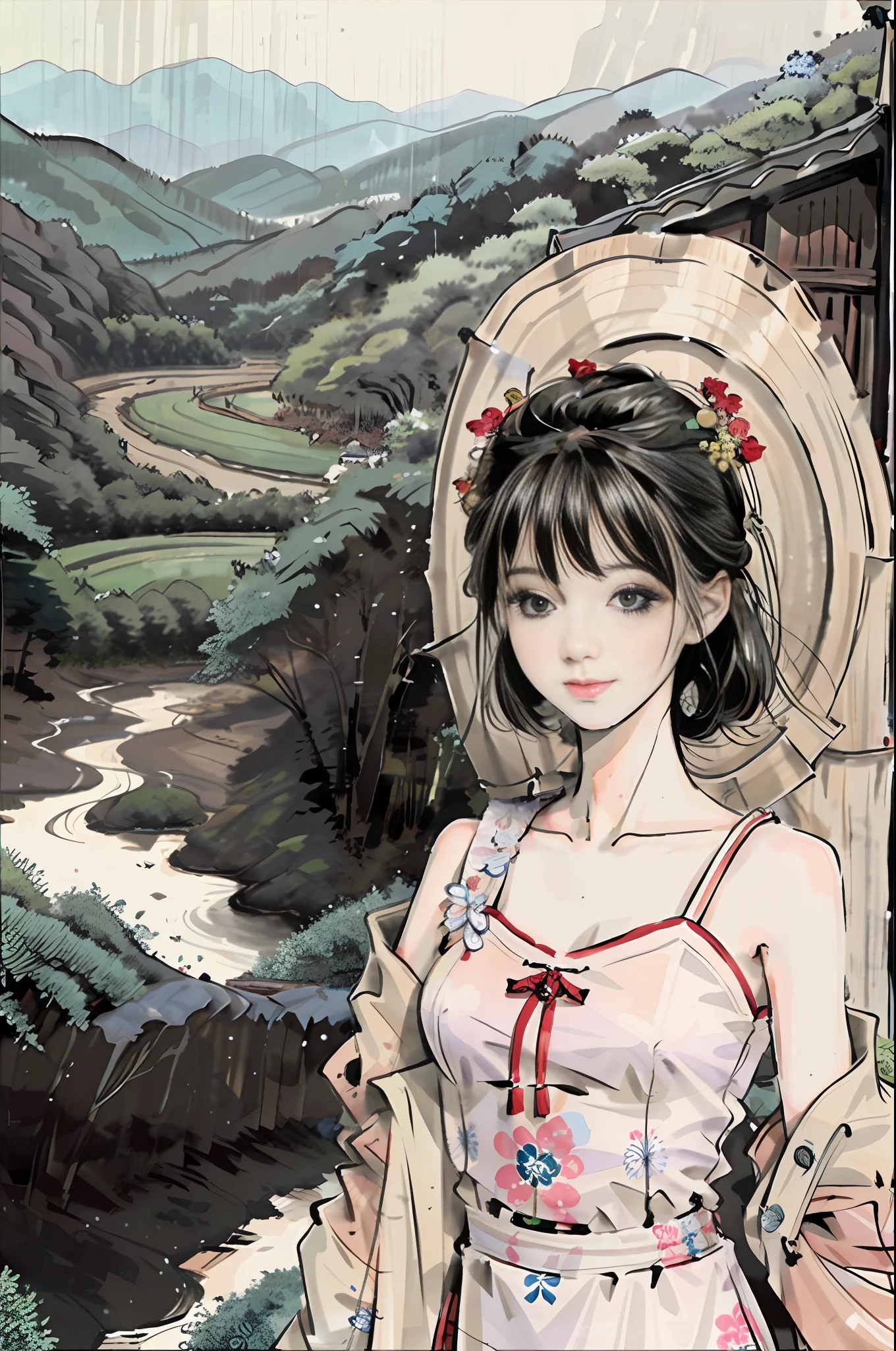 (masterpiece), best quality, good anatomy, (1 girl:1), (upper body), (smile), short hair, (hanfu), (ecchi 0.5), (trees: 0.5), (flowers: 0.6), (wooden house: 0.2), (bamboo forest: 0.2), (stream: 0.2), (river: 0.2),