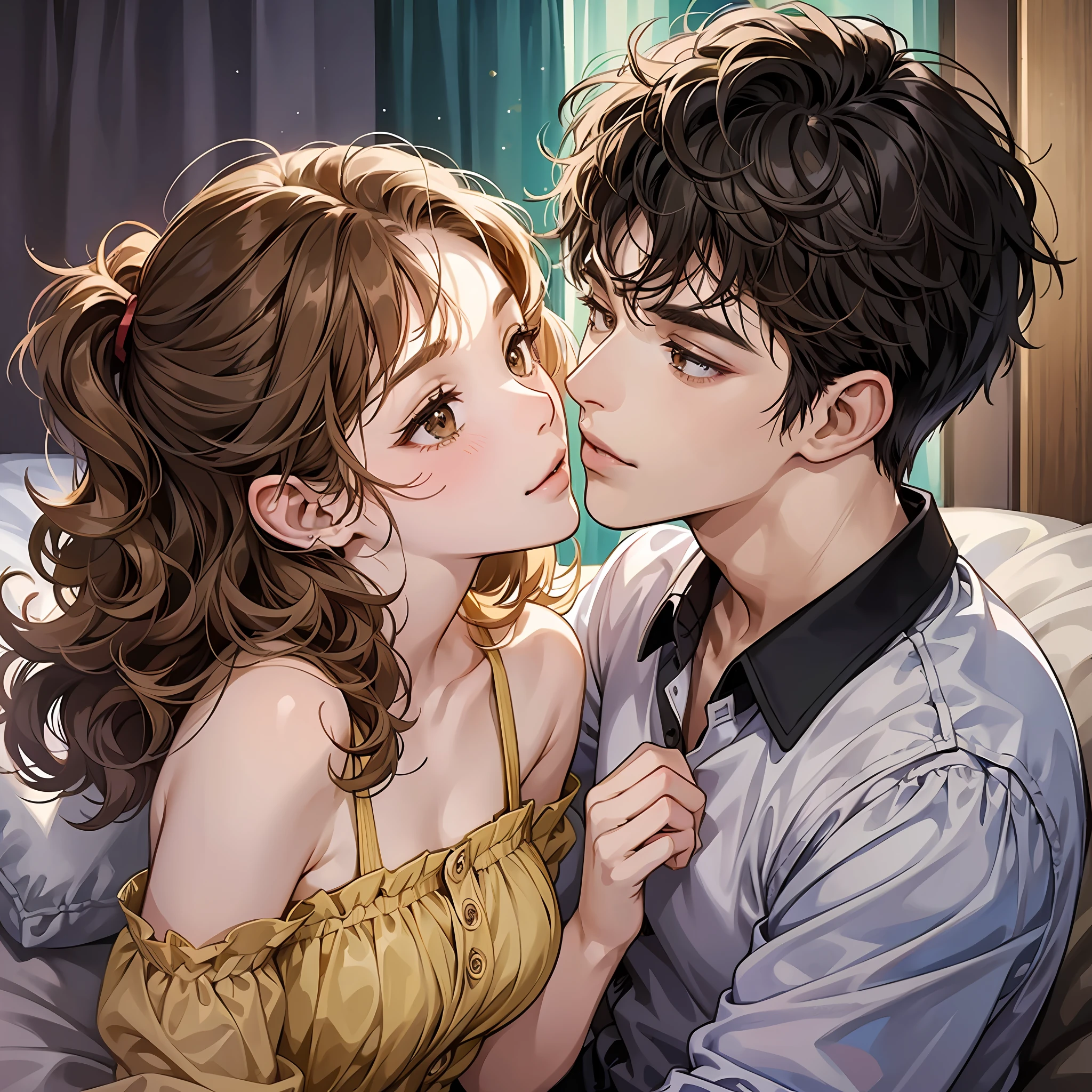(a boy and a girl boyfriends), (they are young), 3D they Sam animated anime type manga, the girl has curly hair light brown Brazilian generation but has a little eye pulled, the boy has brown skin only hair annulled light black hair brown eyes, they are in the room of the girl well clinging giving affection to the other,  good-quality (room all decorated and they are in bed), (they having fun and showing their love to each other), they kissing on the honeymoon night, --auto --s2
