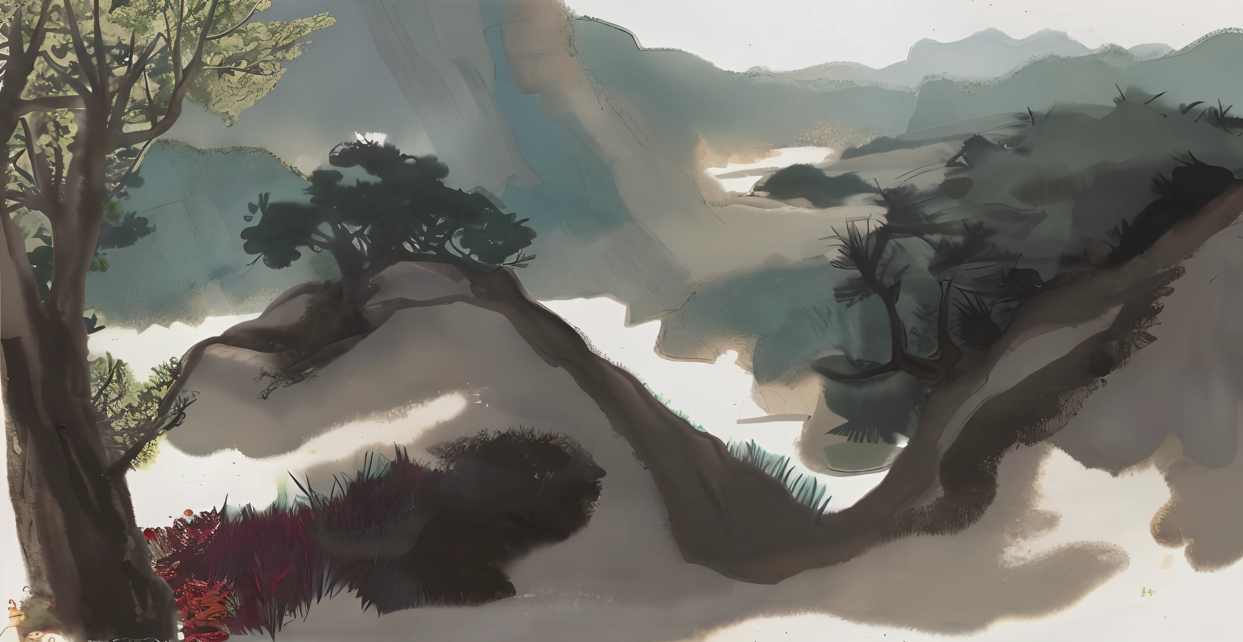 In the Muma Mountain, a horse suddenly escaped. Treading to find, the hissing sound was very severe across the ridge. Looking for the sound to a deep valley, I saw several things, like humans and animals, with scales all over the body, mottled like ancient pine, fluffy hair like feathers, protruding eyes, pure white color, like two chicken eggs embedded. A total of raw horses nibble their meat. Shepherds often carry blunderbuss for self-defense, but the osmanthus is stubborn and releases blunderbuss because of climbing trees. After all the things went into the deep forest, half of the horse was eaten. traditional Chinese painting