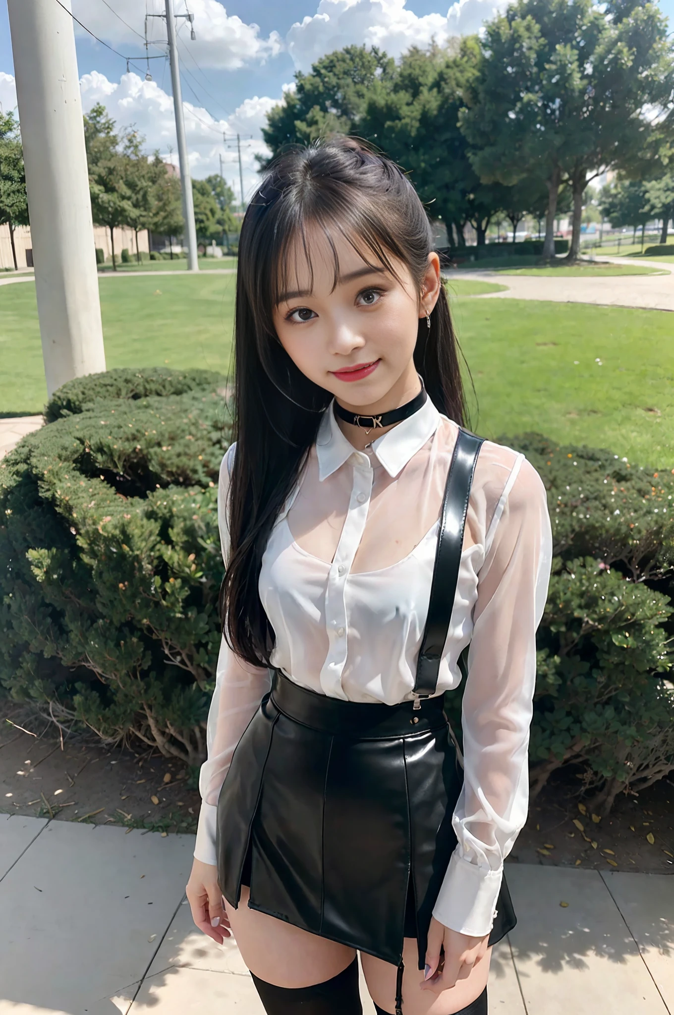 18-year-old female, k-pop idol, RAW photo, bokeh (photoreal: 1.4, realistic), high-definition CG unified 8K wallpaper, 1girl, ((slim body: 1)), (small breasts: 1), fair skin, sweaty skin, smiling, returning to the viewer, ((direct view from the front)), (HQ skin: 1.4), 8k UHD, DSLR, soft light, high quality, film grain, Fujifilm XT3, ((Uniform, Knee-High Stockings, Enamel Micro Mini Skirt: 1.4)), ((Wide Metal Choker, Latex See-Through Shirt: 1.5)), ((Outdoor, in Park))), Havin, Portrait, (Ponytail, Black Hair)), (Viewer: 1.4), (Full Body: 2)