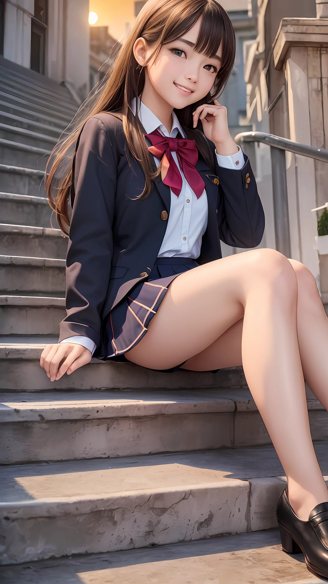 (8K), (Best Quality: 1.2), (Realistic), (Photorealistic: 1.35), ((Dignified Expression))), Ultra High Definition, 1 Girl, Cute, Smile, Closed Mouth, Beautiful Details, Beautiful Nose, Full Body, Colossal, School Uniform, School Rooftop, High Flesh, Sitting on the Stairs, Beautiful Legs, Sunset, Backlight