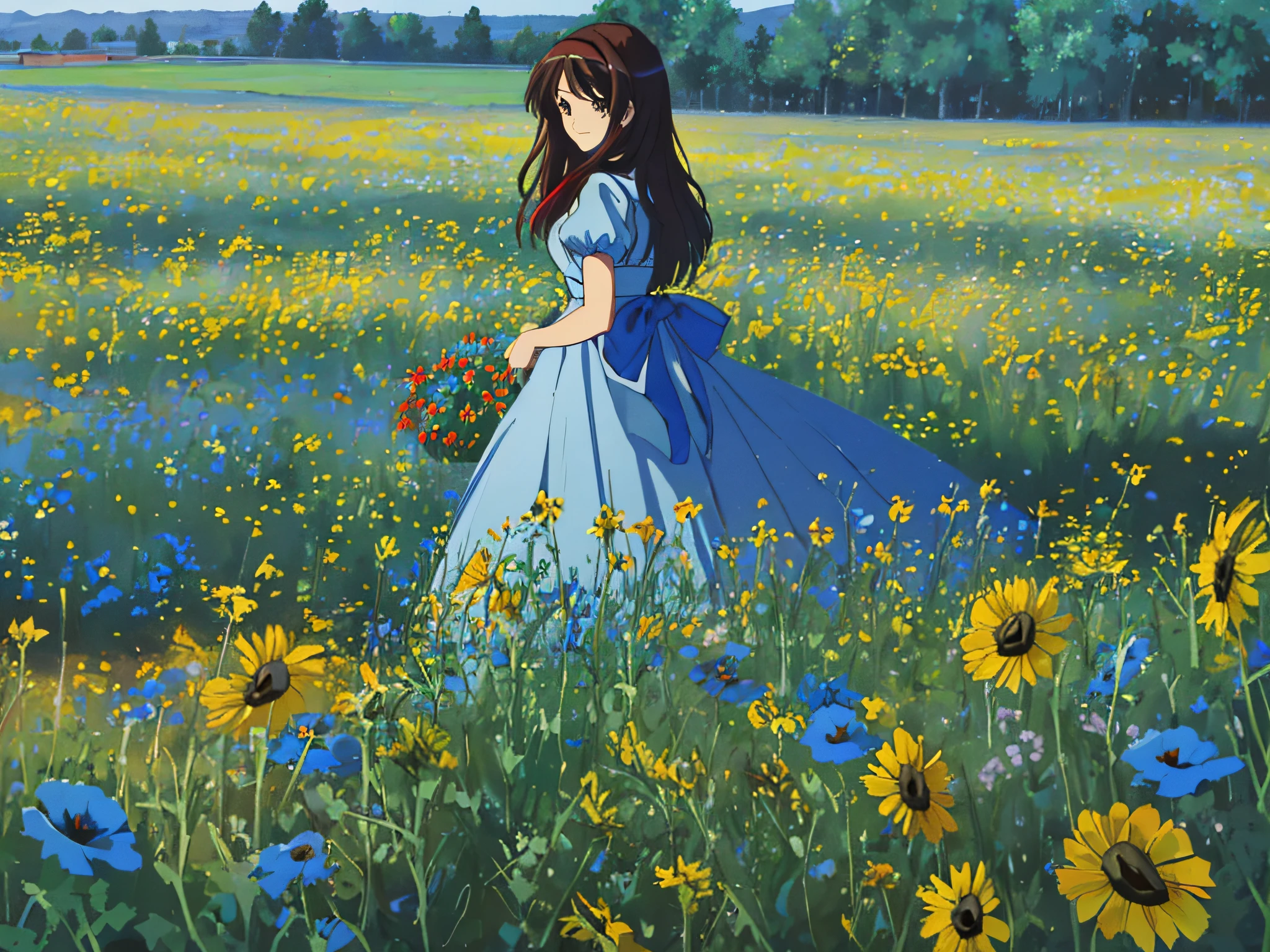 ((masterpiece)), (8k, high_resolution),(best quality), 1girl, solo, Haruhi Suzumiya, (dress, white-blue-red dress, the upper part of the dress is white, the middle part of the dress is blue, the lower part of the dress is red, dresses in the colors of the French flag, very detailed face, mysterious look, no smile) meadow, field, large field, meadow flowers and grasses, landscape, deserted, (dusk), no sun, twilight, summer, Kyoani Haruh style, (meadow white and blue and red flowers,  white poppy flowers, no trees, no forest, only meadow, only meadow with flowers), no sunflowers, no sunflowers