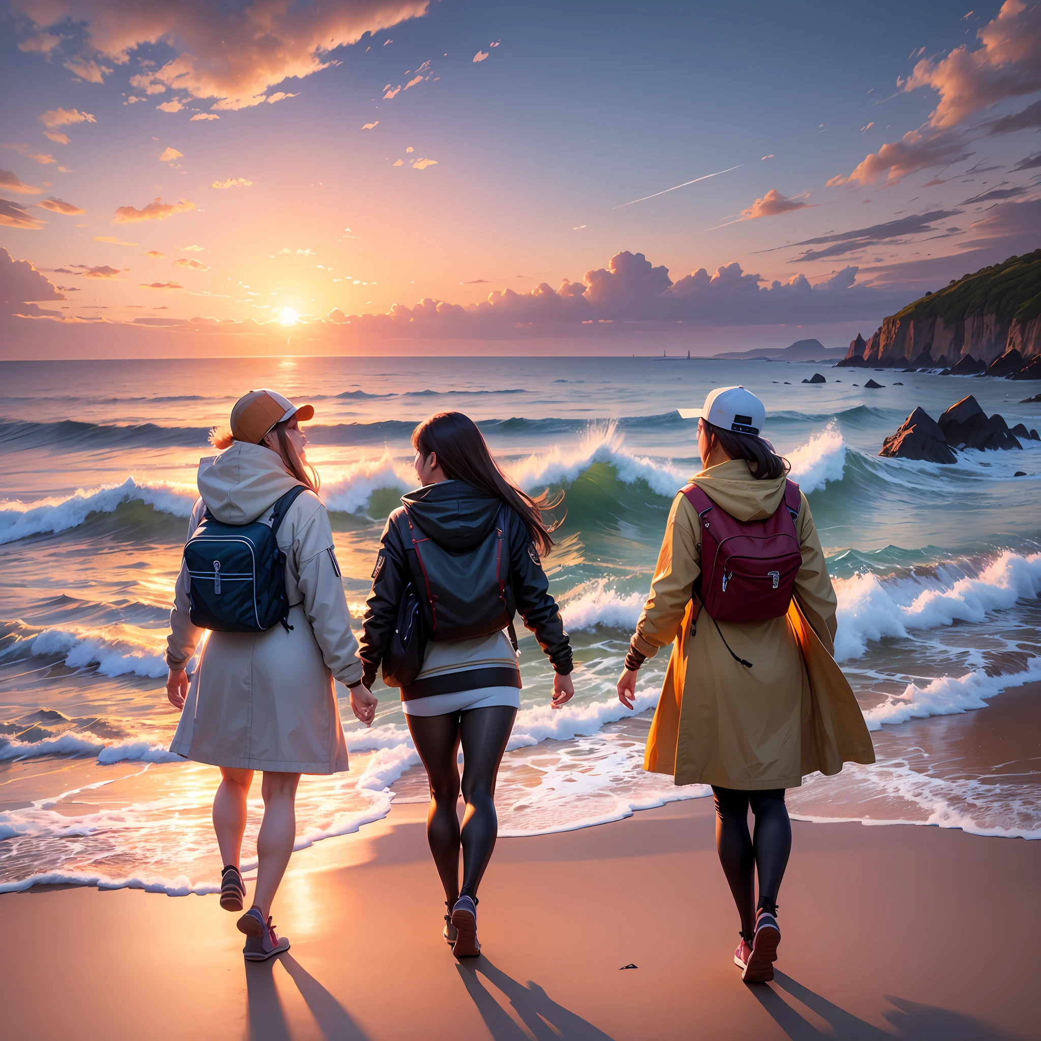 "A group of people enjoying the sunset at the beach, portrayed in ultra-detailed, hyper-realistic style. This masterpiece is of top quality and in 8k UHD resolution, with warm and radiant lighting that enhances the natural beauty of the scenery." --auto --s2
